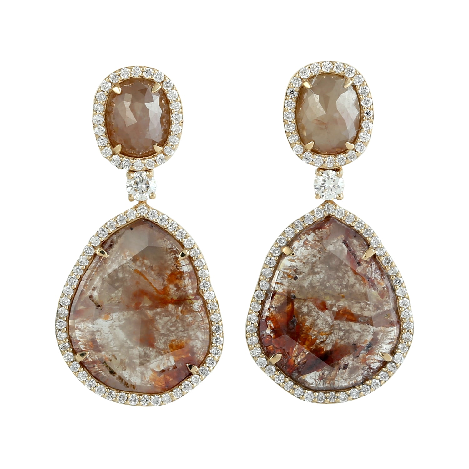 Women’s White / Brown Natural Ice Diamond & Slice Diamond In 18K White Gold Designer Dangle Earrings Artisan