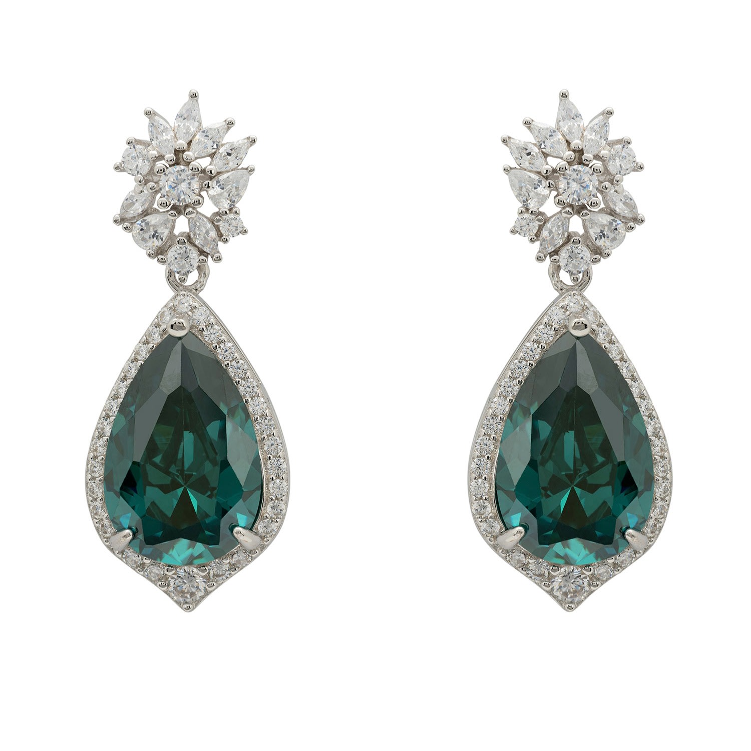 Women’s Silver / Green / White Olivia Teardrop Crystal Drop Earrings Emerald Green Latelita