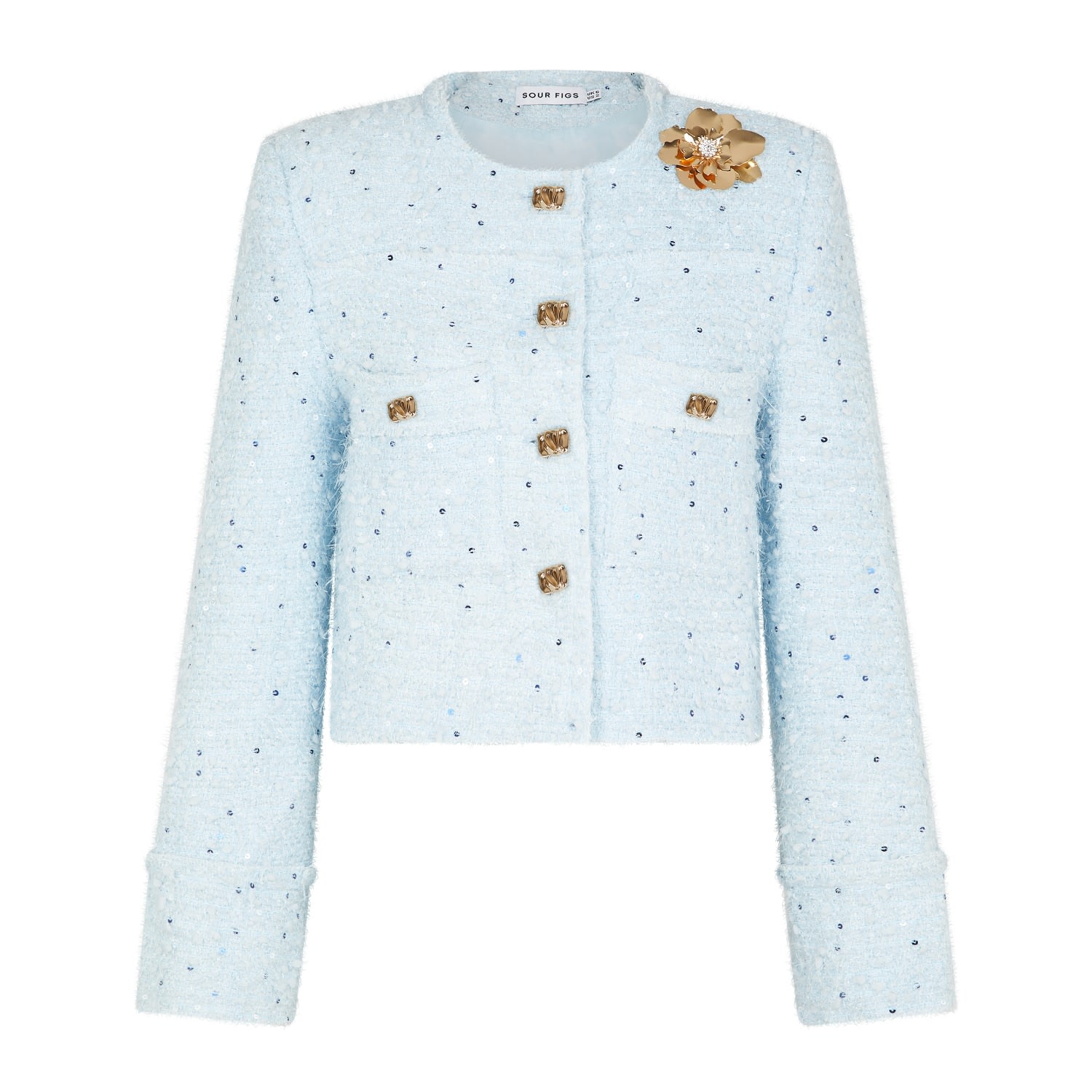 Women's Blue / White Sequined Brooch-Detail Wool Blend Bouclé Tweed Jacket In Baby Blue | Small | Sour Figs