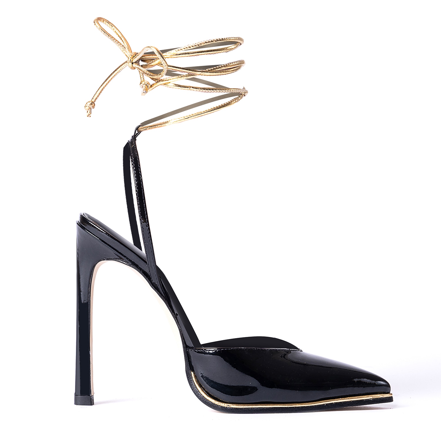 Il Fratellino Women's Heart Racer Patent Leather Pump In Black & Gold With Soft Leather Gold Ankle Wrap Tie In Black