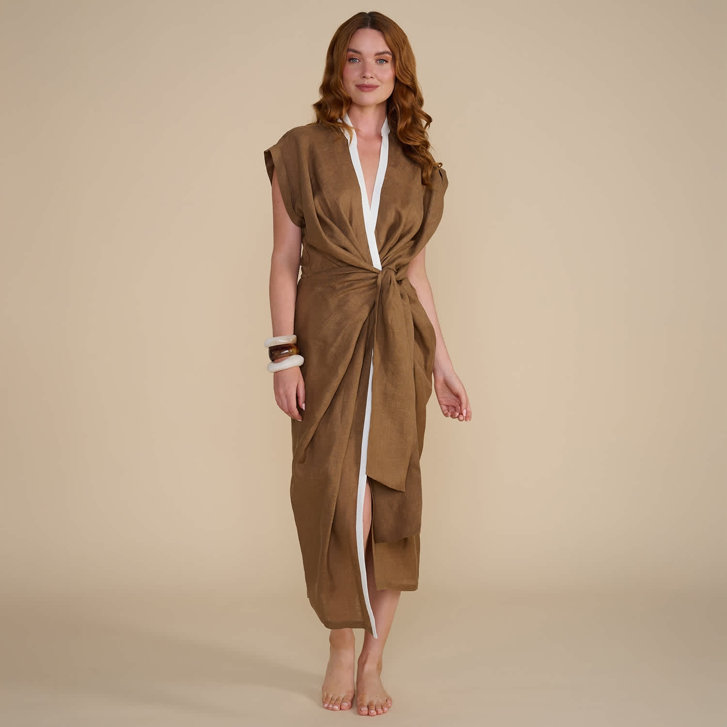 Kaia - Luxe Linen Wrap Dress - Cognac by The Summer Edit