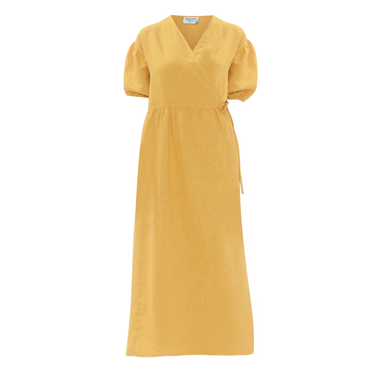 Haris Cotton Women's Yellow / Orange Wrap Midi Linen Dress With Puffy Short Sleeves - Crocus