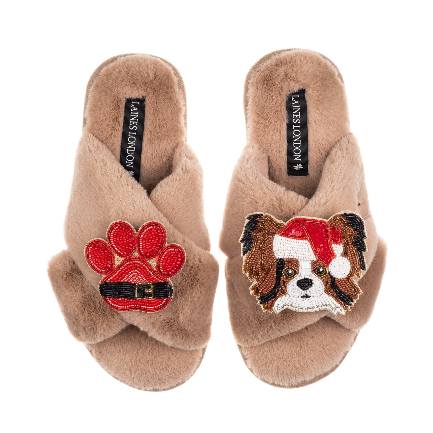 Laines London Women's Brown / Neutrals Classic Slippers With Christmas Papillon & Paw Brooches - Toffee In Brown