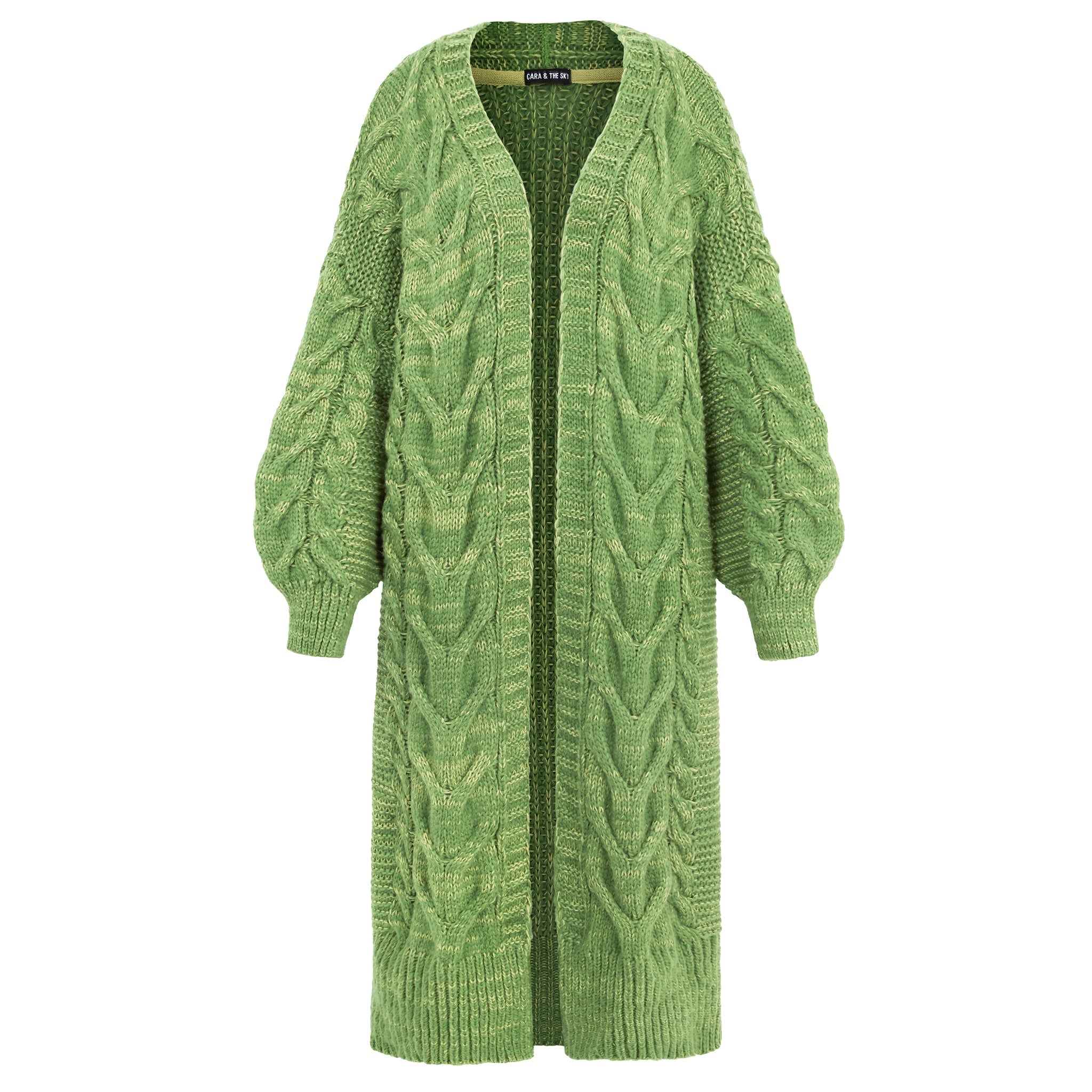 Cara & The Sky Women's Alex Cable Longline Balloon Sleeve Cardigan - Green In Green