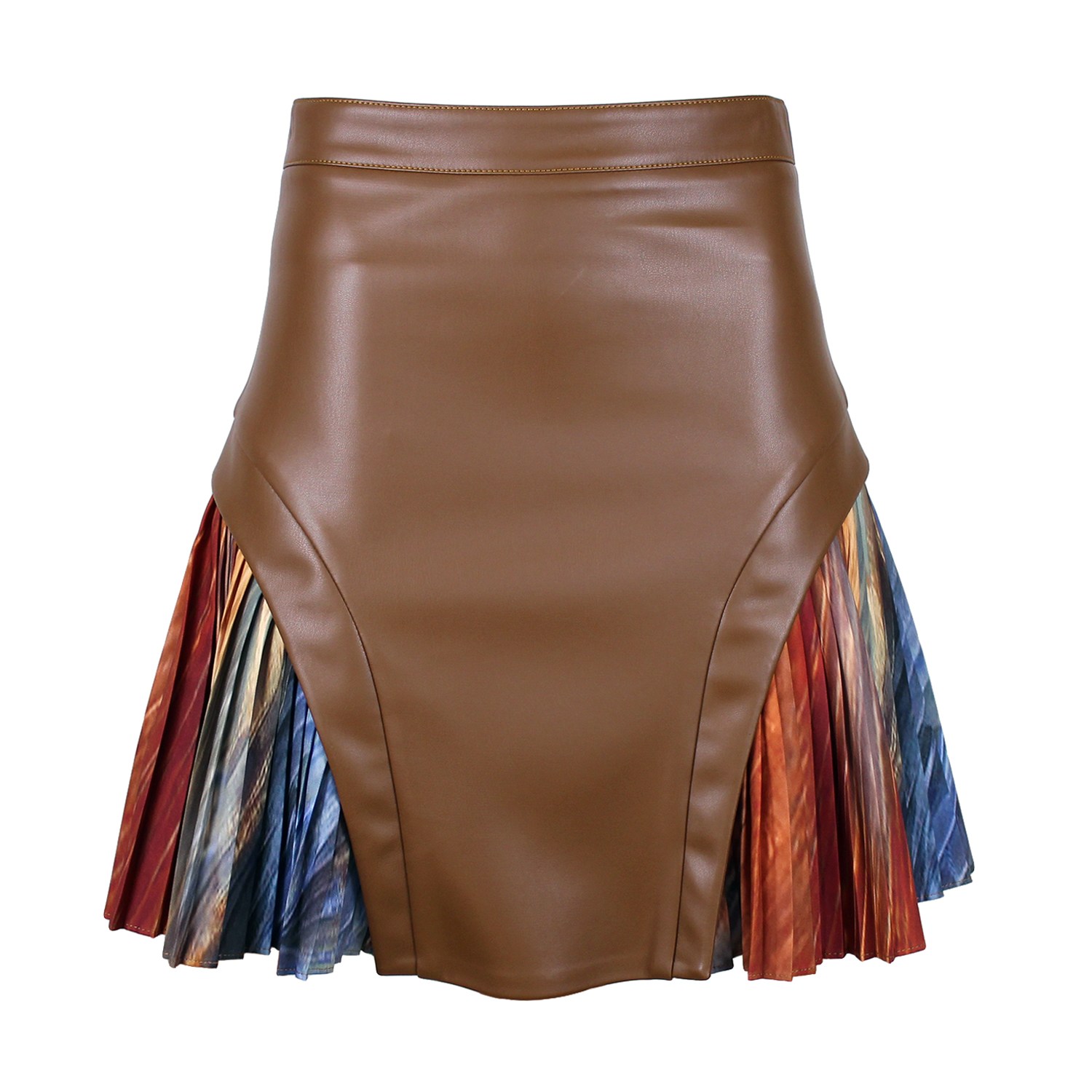 Lalipop Design Women's Brown Mini Skirt With Pleated Digital Print Inserts And Vegan Leather Panels