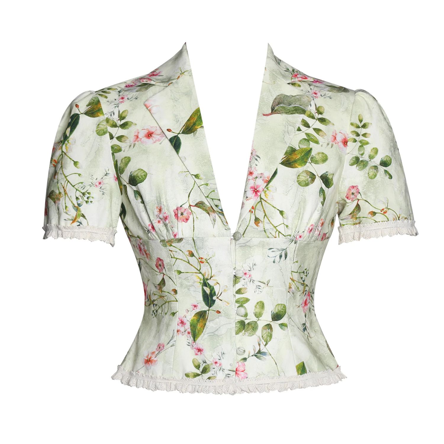 Miss Circle New York Women's Zanella Green Floral Print Lace Trim Linen Top In Green
