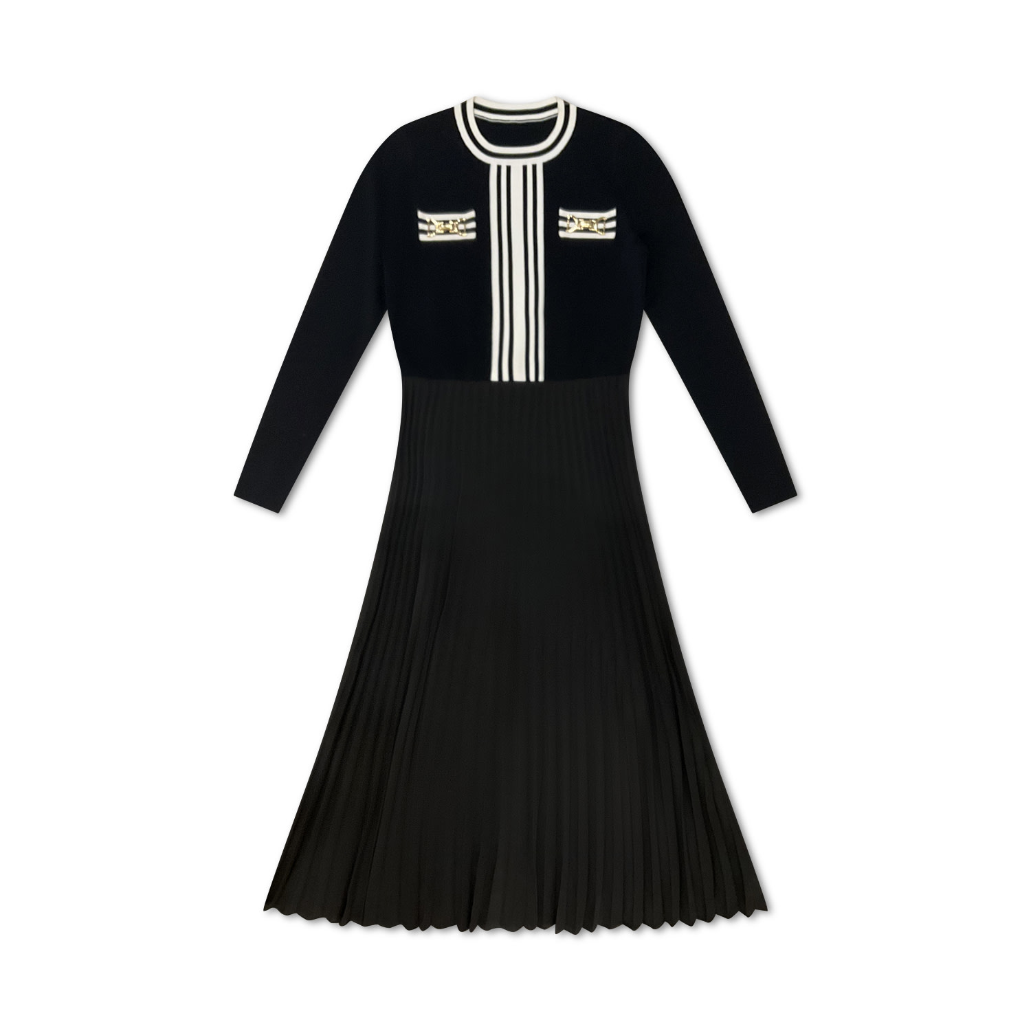 Women's Black / White / Gold Black Striped Knit And Crepe Dress | Large | Roch Perel