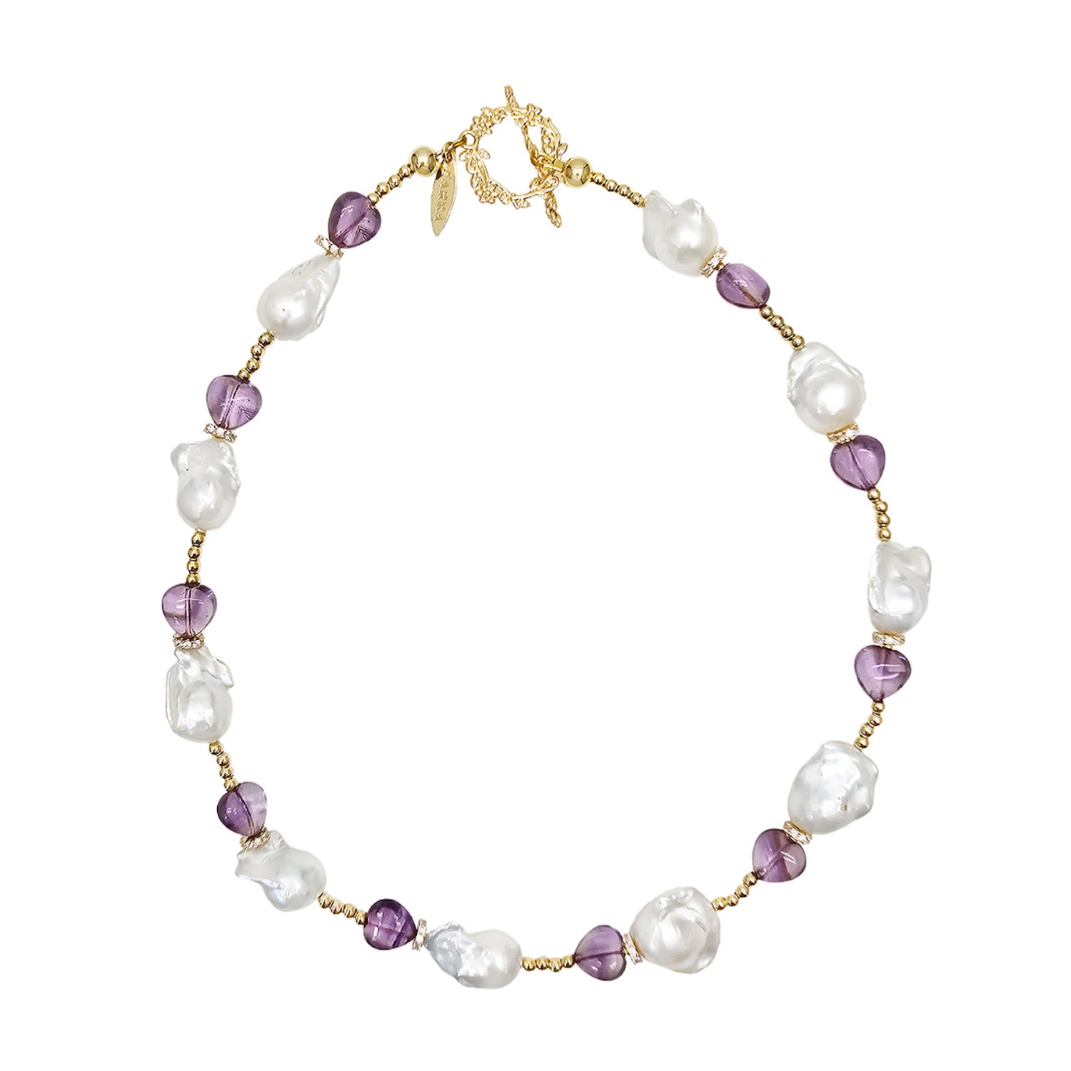 Farra Women's White Natural Baroque Pearls With Heart Amethyst Necklace