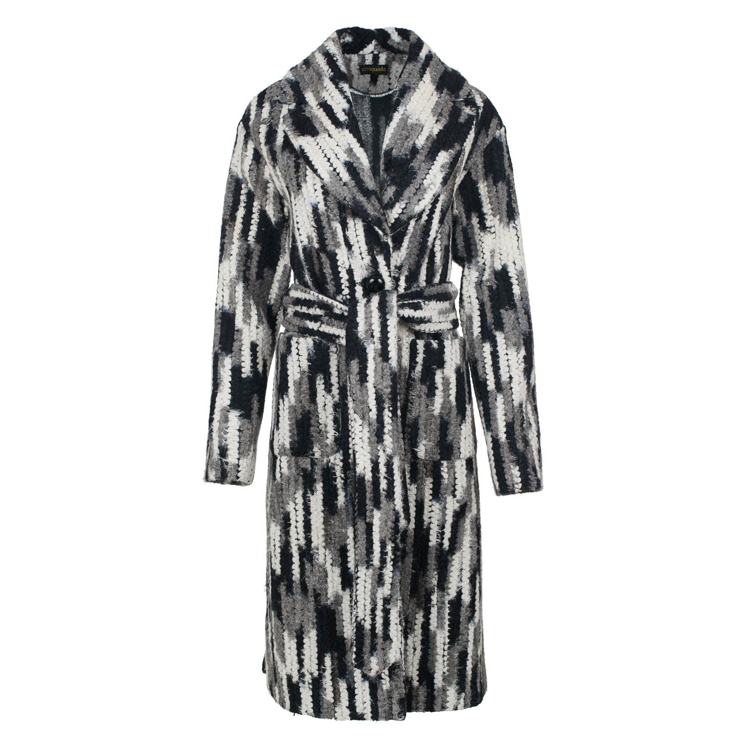 Women’s Grey Long Wool Blend Jacquard Style Coat In Neutral Shades With Belt Large Conquista