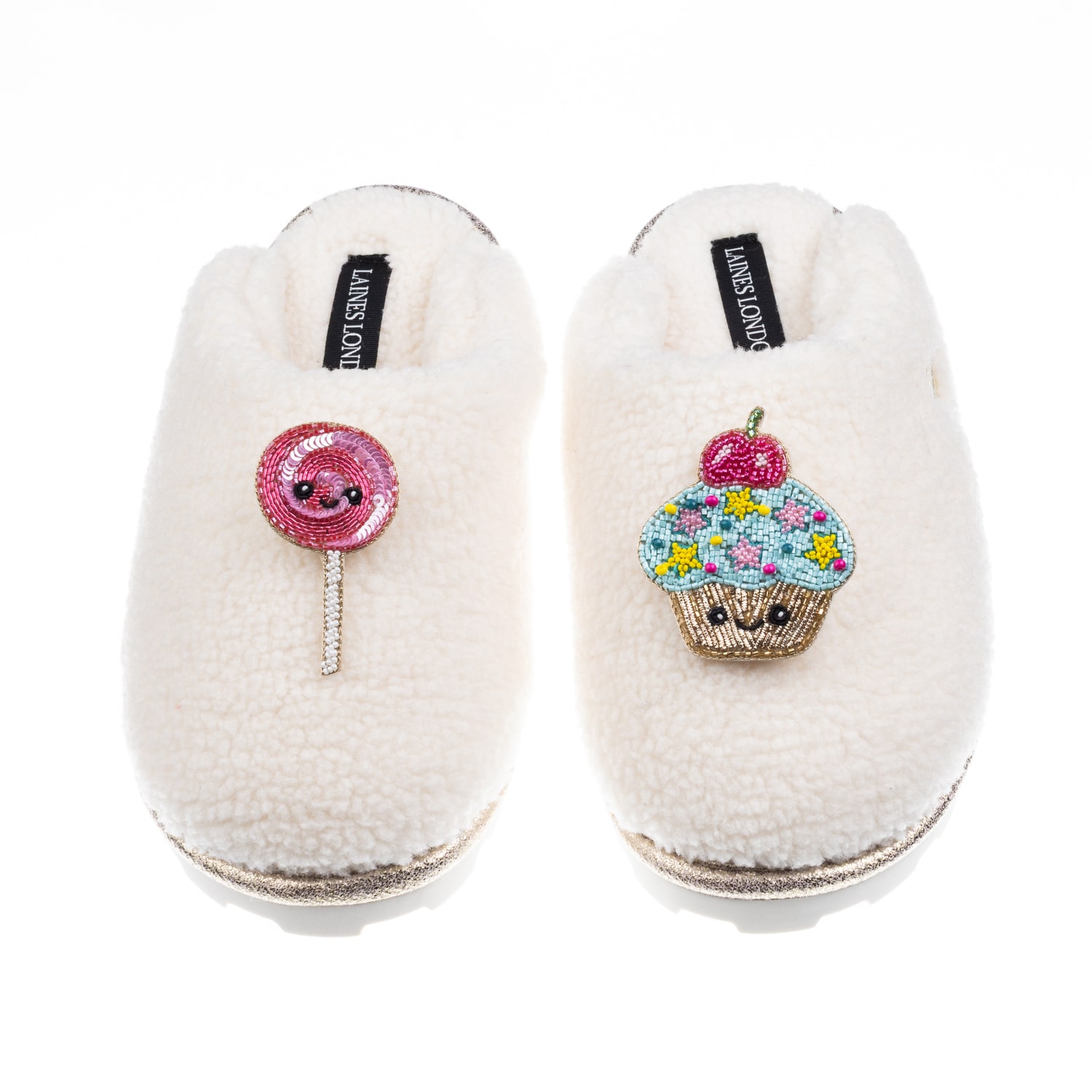 Laines London Women's Neutrals / White Teddy Closed Toe Slippers With Laines Lovables Lollipop & Cupcake Brooches  In White