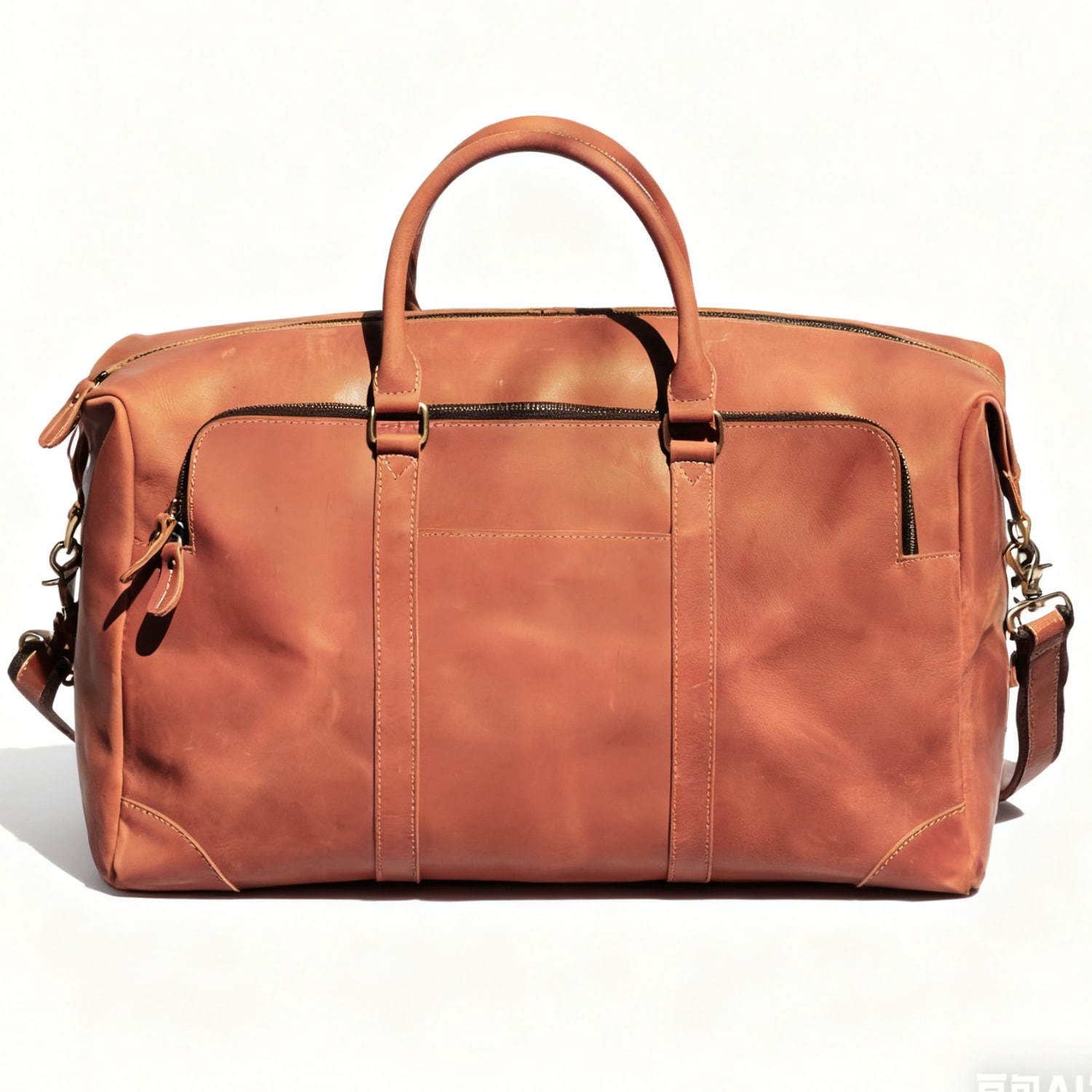 Touri Men's Genuine Leather Duffel With Zip Pocket - Light Brown