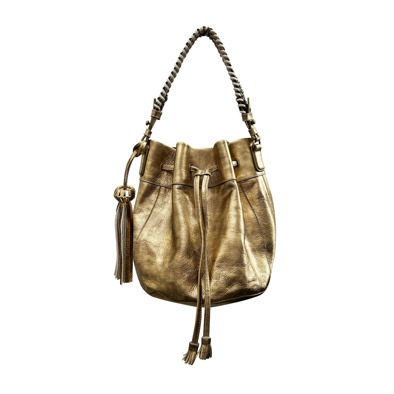 Joce Metallic Gold Leather Drawstring Bucket Bag | bixi