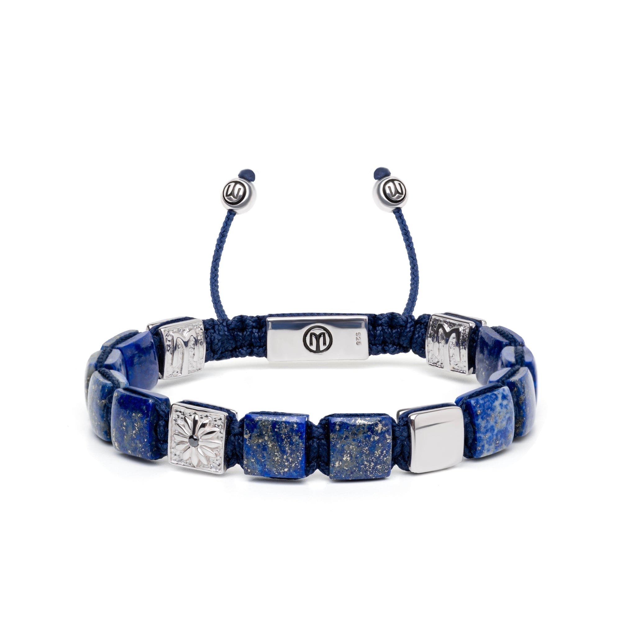 Mahigan Men's Blue / Silver Silver Flat-bead Bracelet With Navy Blue String & Lapis Lazuli