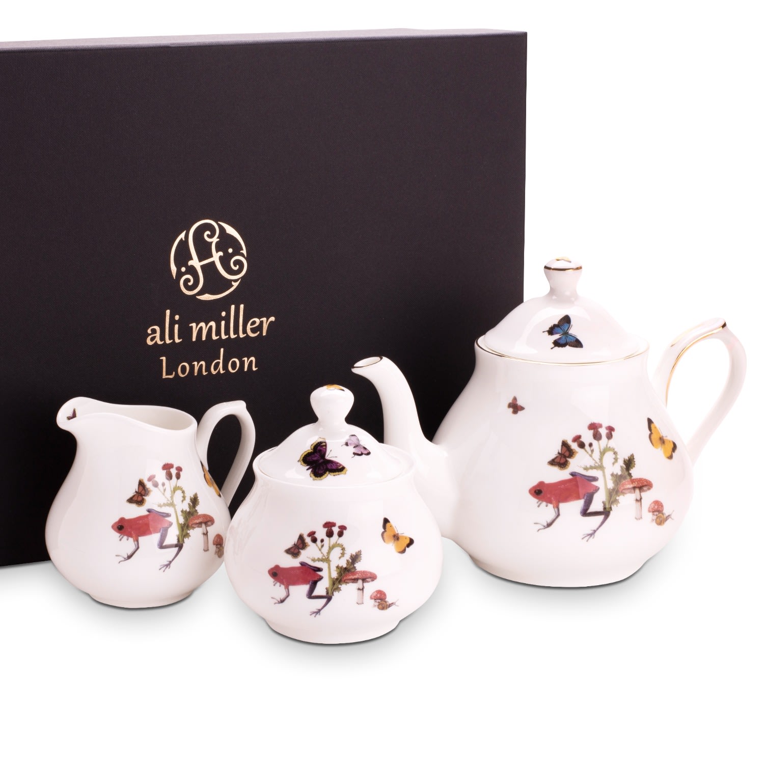 White Growing Teapot, Milk Jug & Sugar Pot Gift Set Ali Miller London