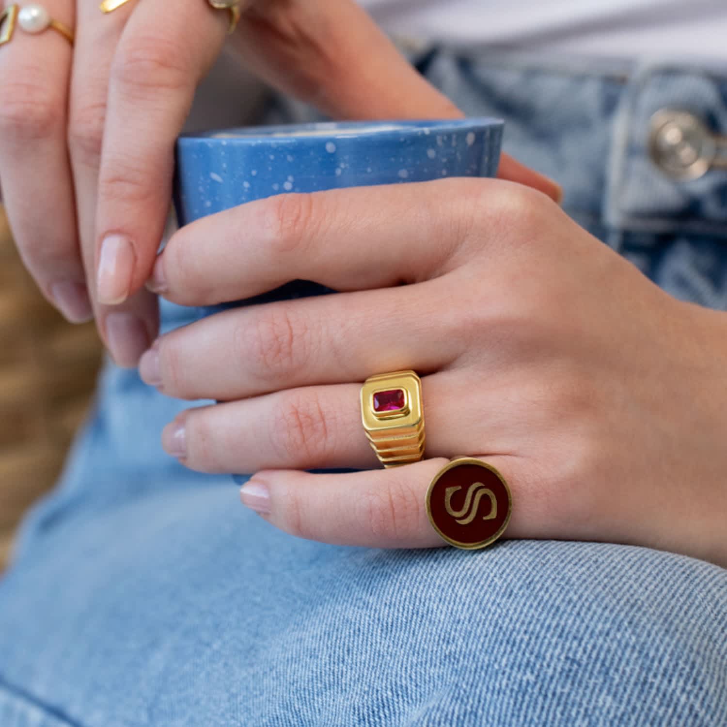 Octagon Claret Red Stone Signet Ring LINYA JEWELLERY Wolf Badger