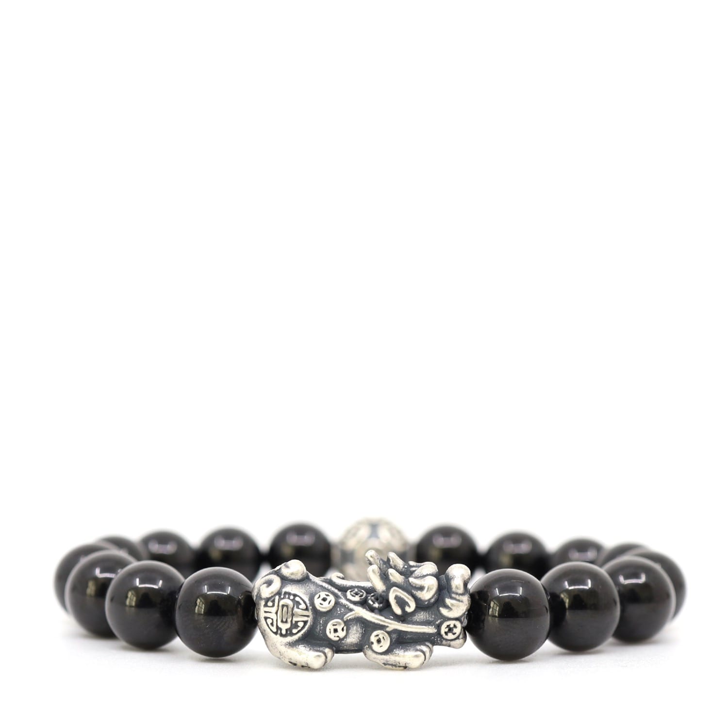 Shar Oke Men's Black / Silver Sterling Silver Pixiu & Black Spinel Bracelet