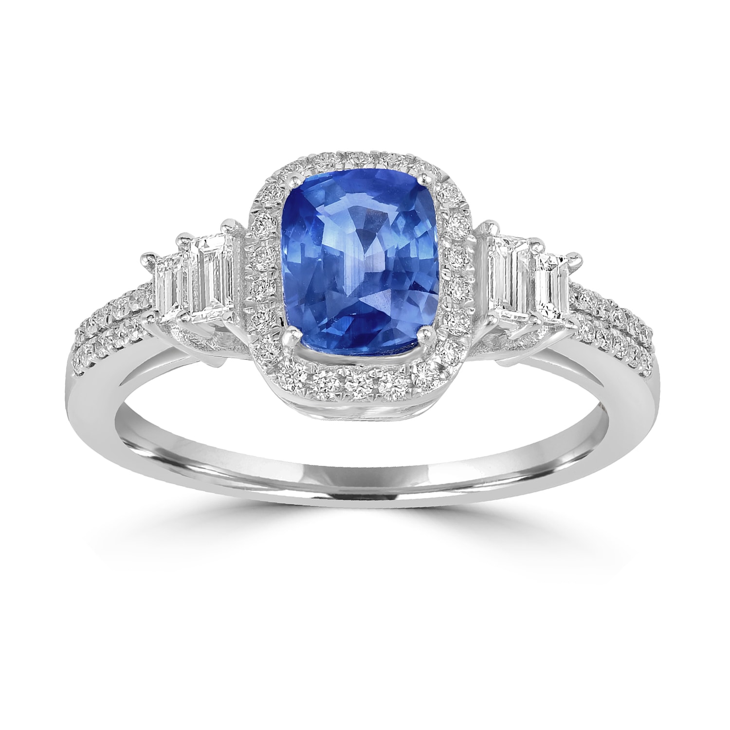 Artisan Women's White / Blue Cushion Cut Blue Sapphire Baguette Diamond Band Ring In White Gold