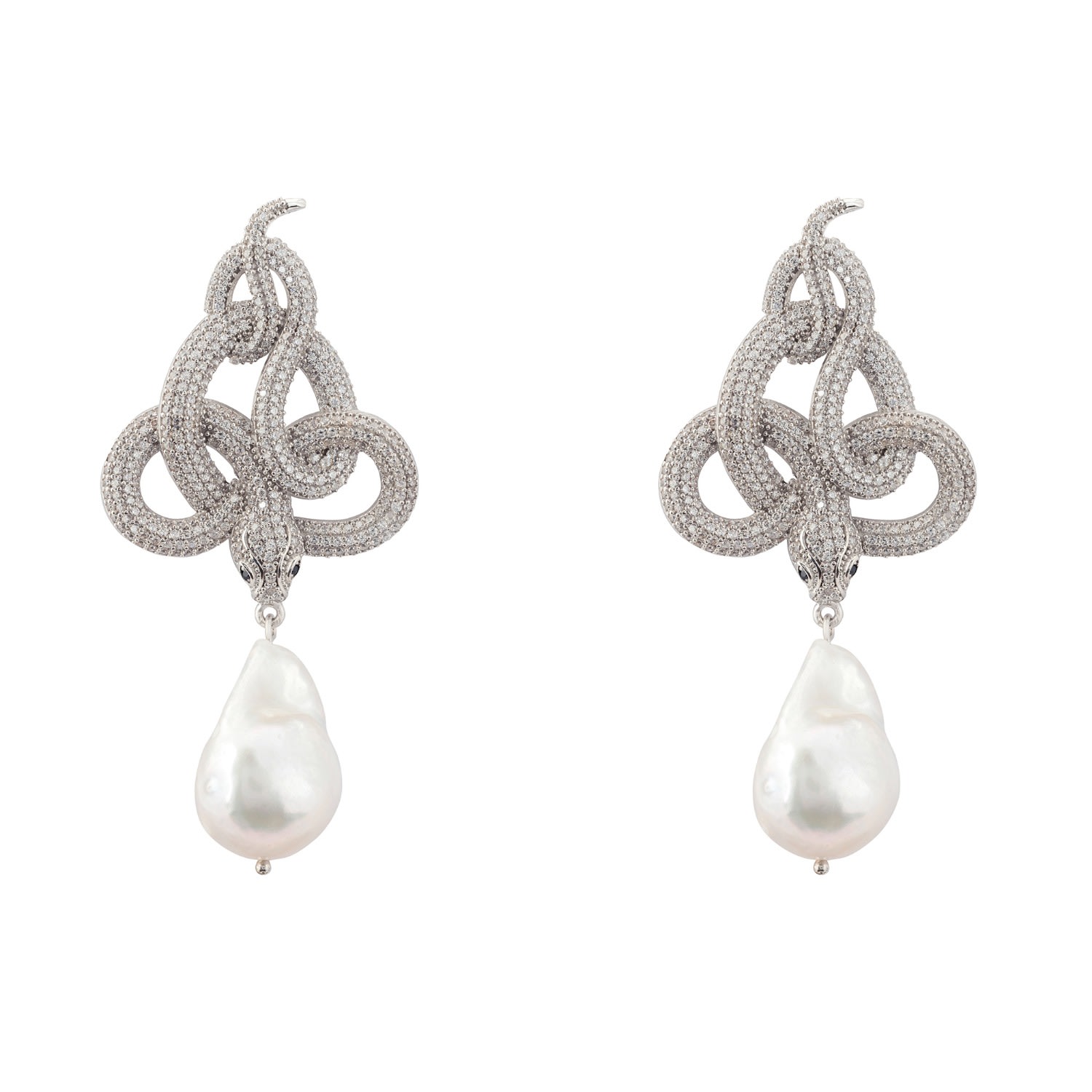 Women’s White / Silver Viper Snake Baroque Pearl Drop Earrings Silver White Cz Latelita