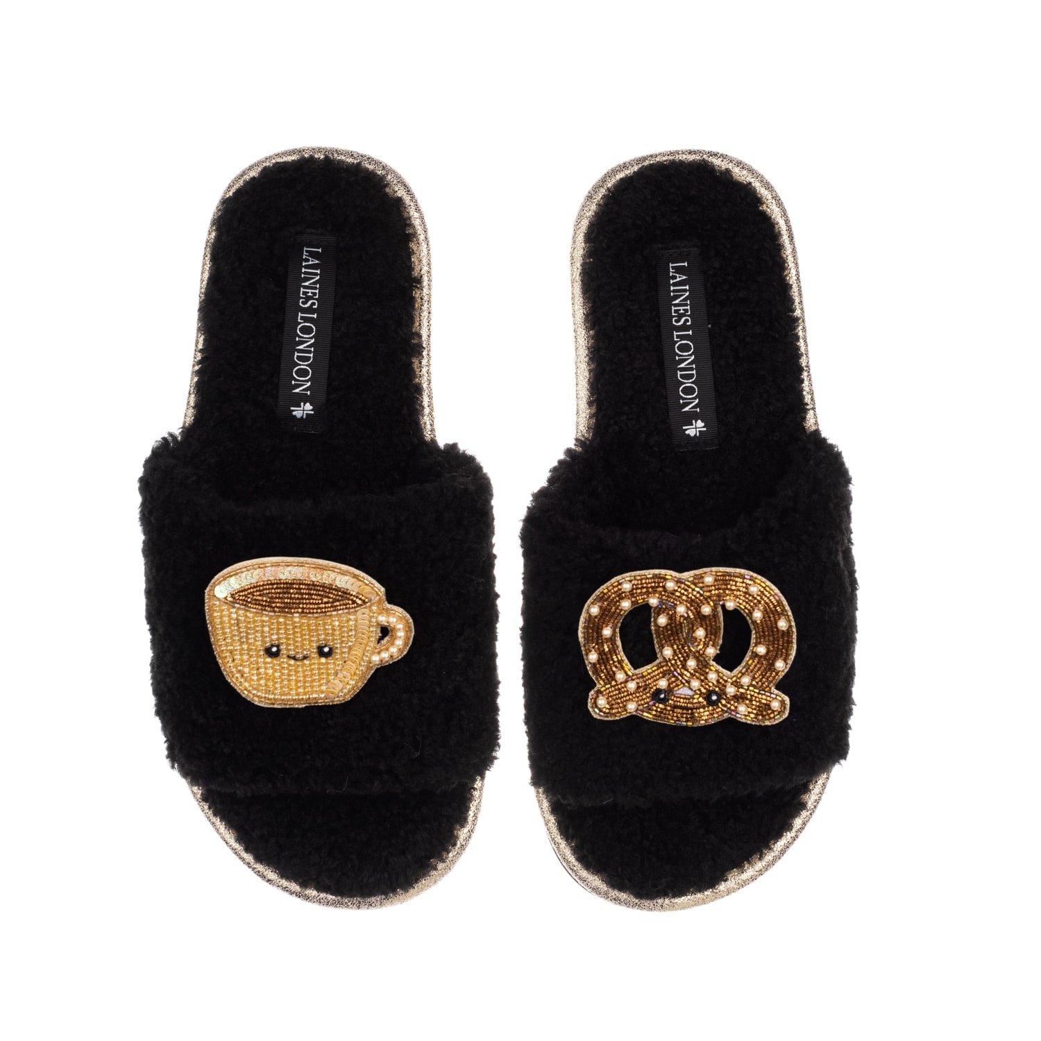 Laines London Women's Teddy Slider Slippers With Laines Loveables Hot Chocolate & Pretzel Brooches - Black In Black