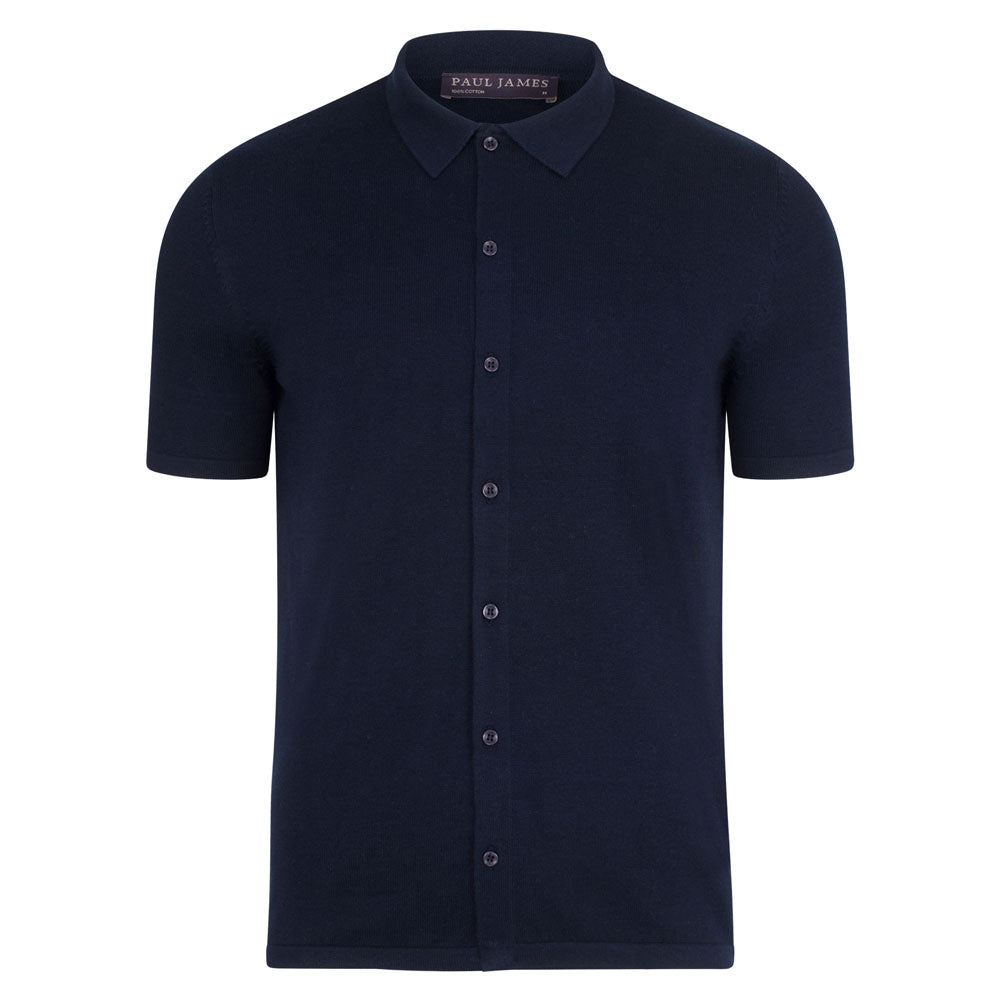 Blue Mens Cotton Short Sleeve Marshall Shirt - Navy Large Paul James Knitwear