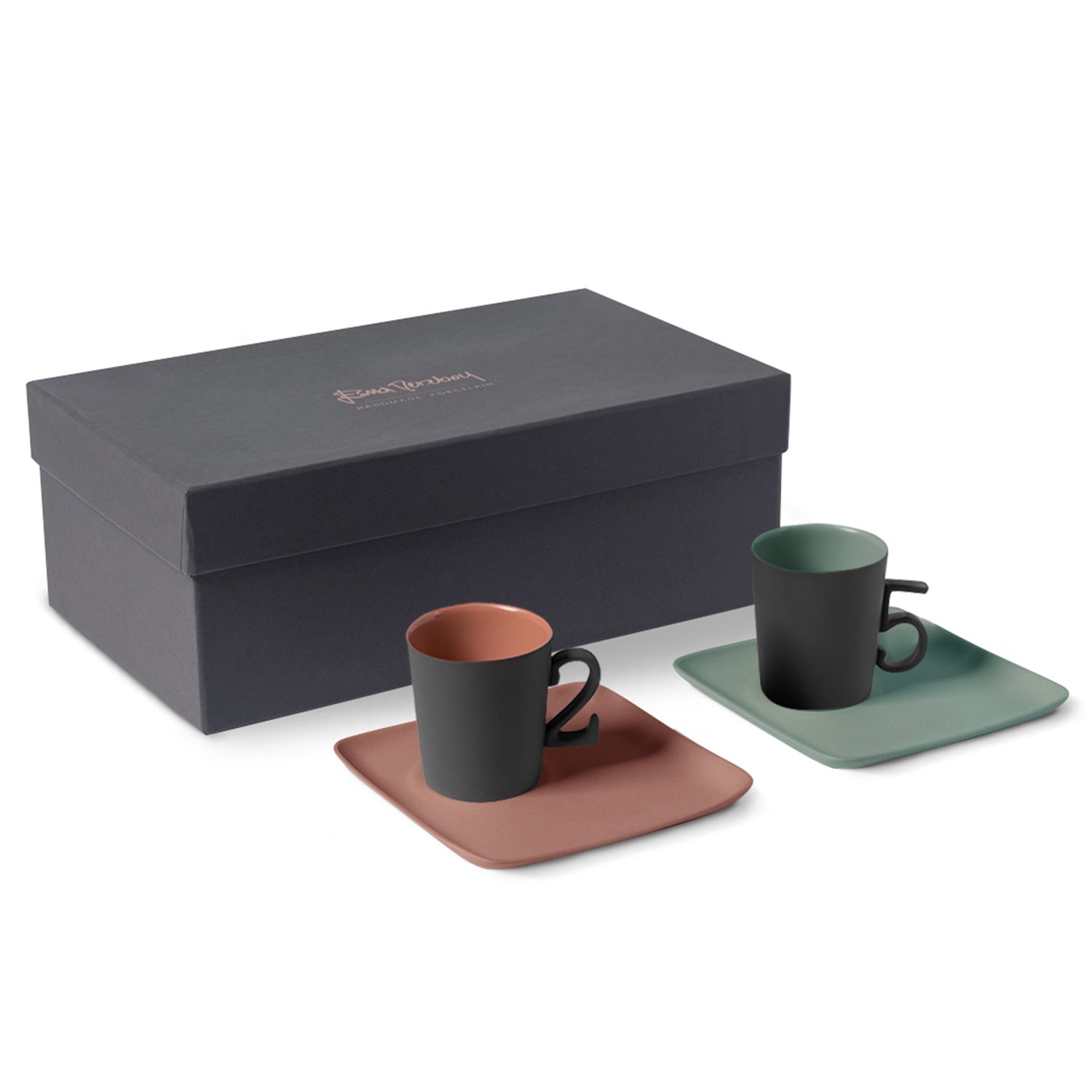 Esma Dereboy Green / Red Figures New Year Handle Espresso Cup With Saucer Set Of Two Black Coral & Black Nile