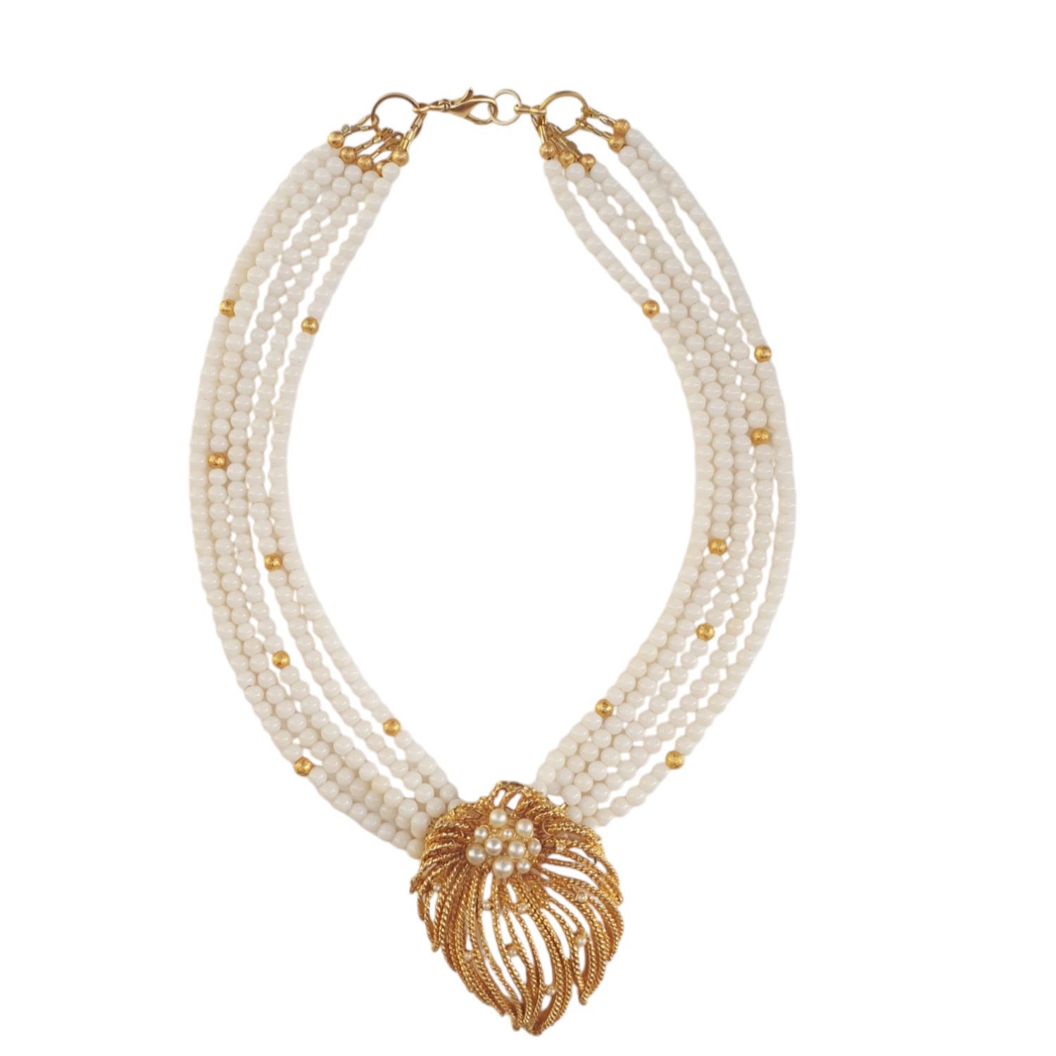 Way To Chic Women's White / Gold One Of A Kind Sea Bamboo Statement Necklace With Brooch Pendant