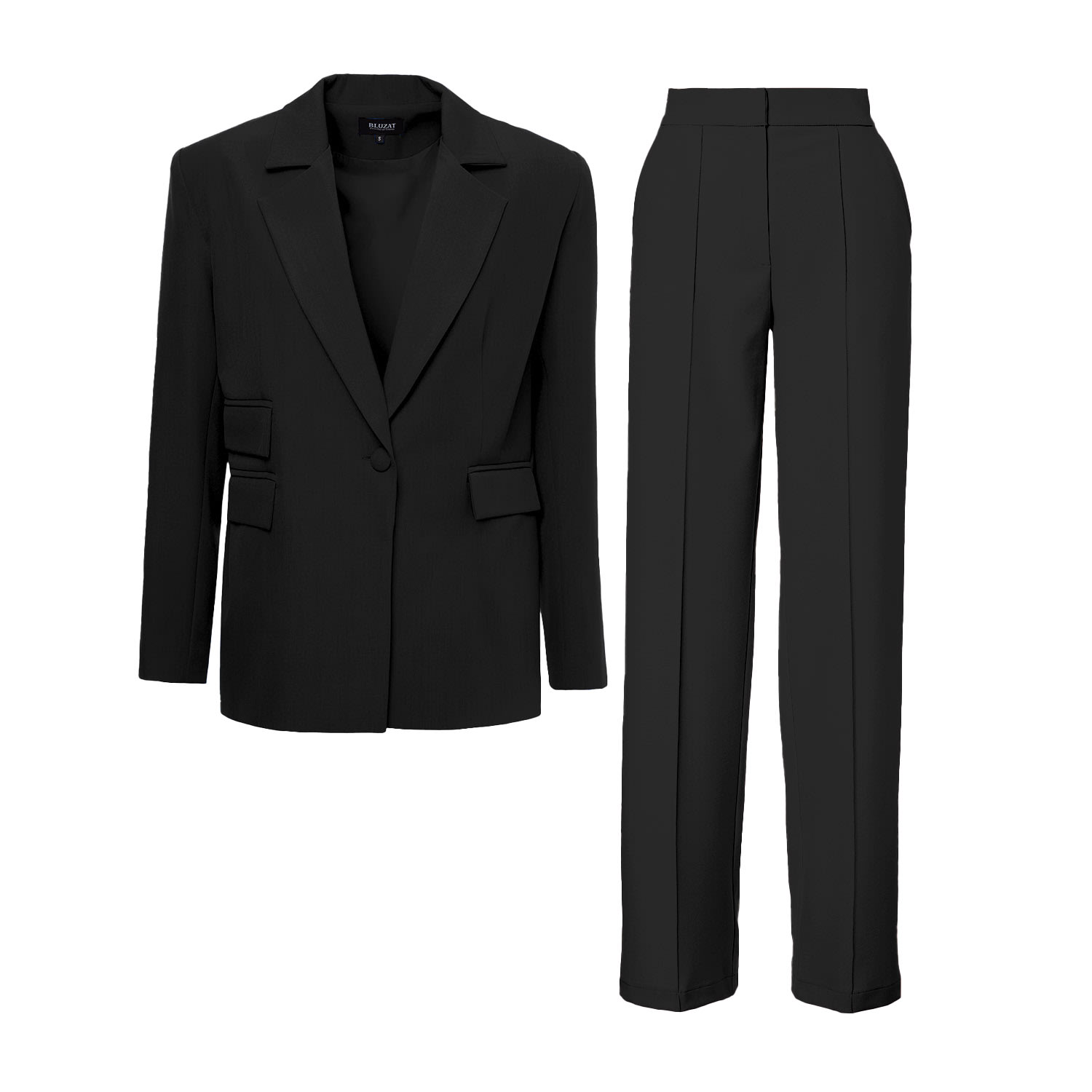 Bluzat Women's Black Suit With Regular Blazer With Double Pocket And Stripe Detail Trousers In Black