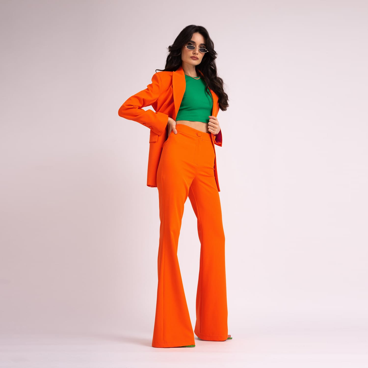 Neon Orange Suit With Slim Fit Blazer And Flared Trousers, BLUZAT