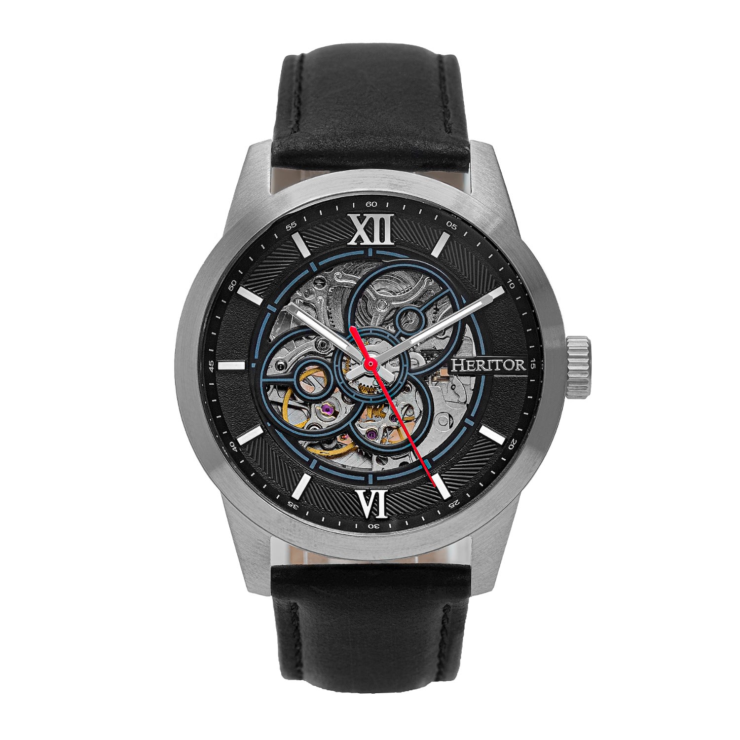 Men’s Black / Silver Jonas Leather-Band Skeleton Watch - Black, Silver Heritor Automatic