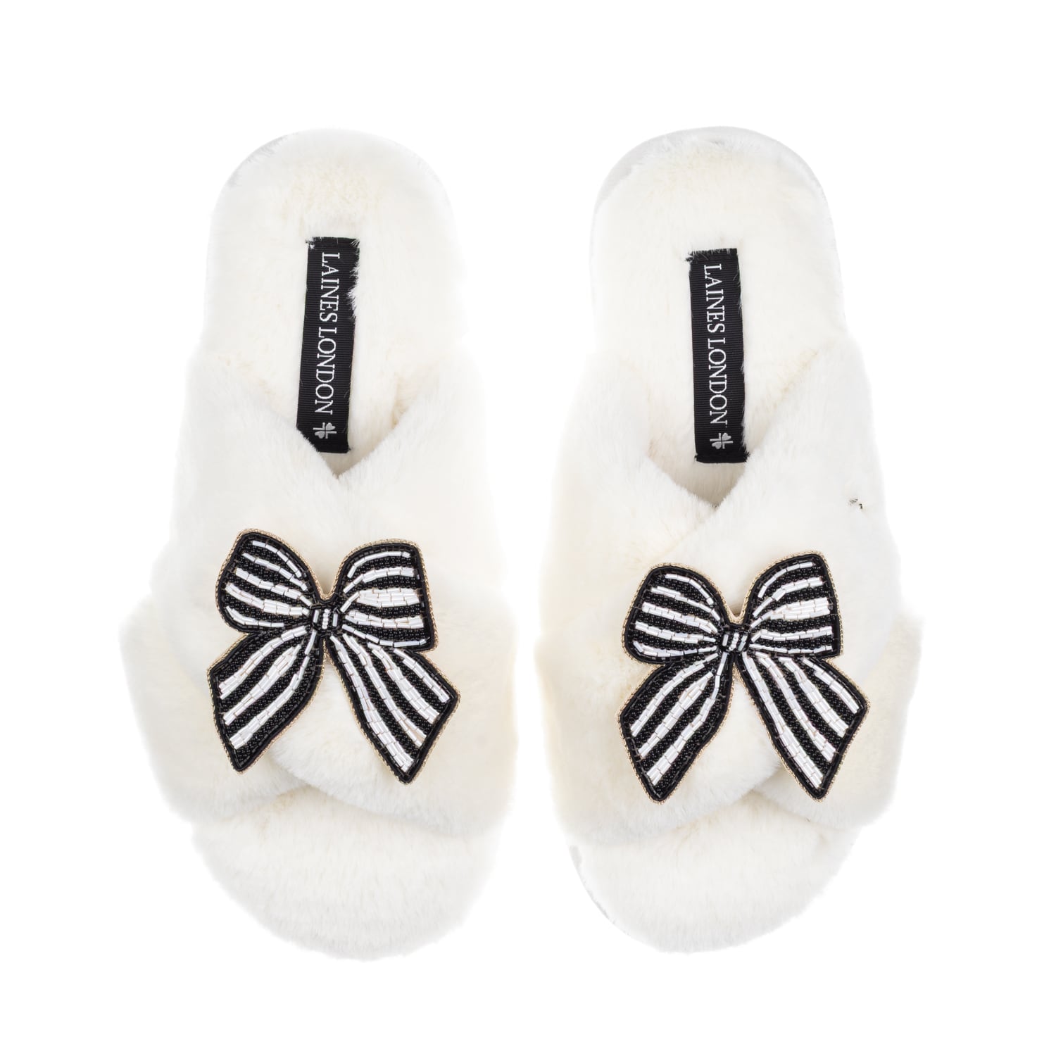 Laines London Women's Neutrals / White Classic Laines Slippers With Black Stripe Bow Brooches - Cream In White