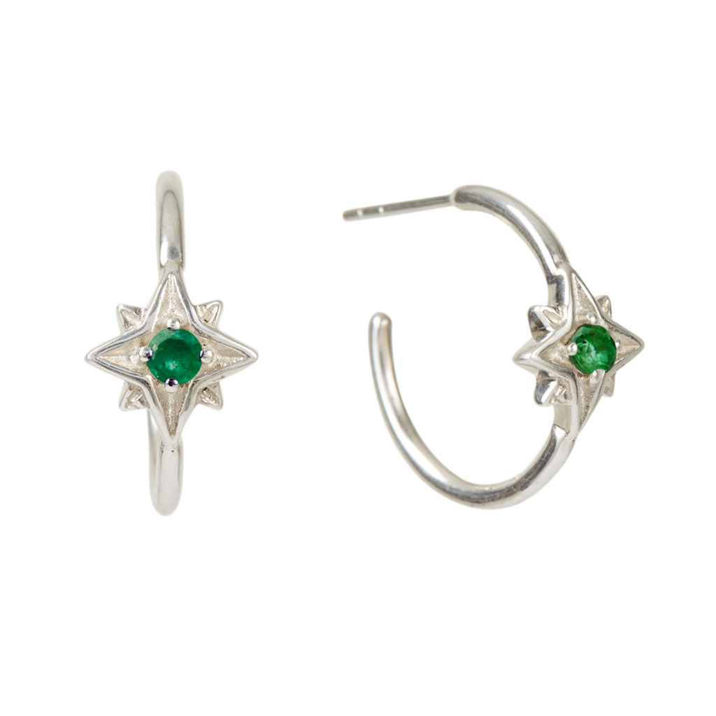 Women’s Guiding North Star Silver Hoop Earrings - Emerald Charlotte’s Web Jewellery