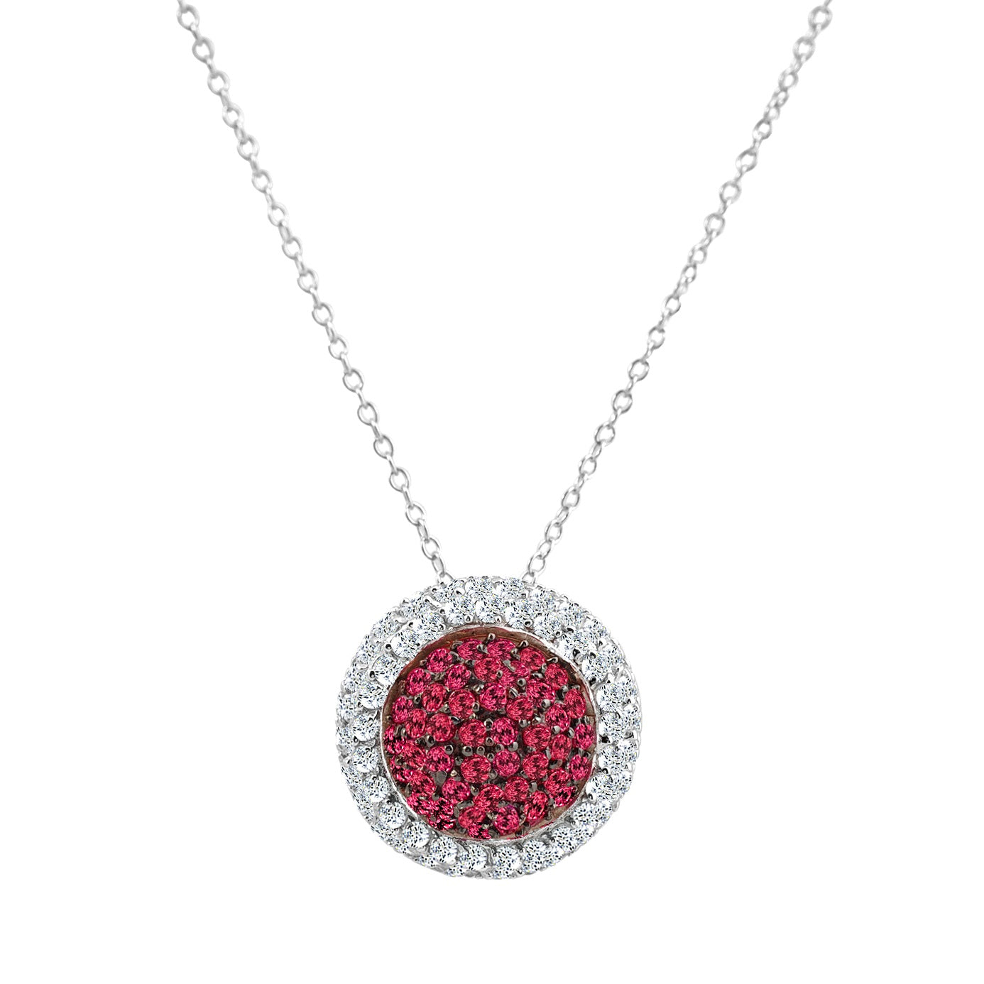 Women’s White / Red / Silver Cz Sterling Silver Rhodium Plated Round Ruby Pendant Genevive Jewelry