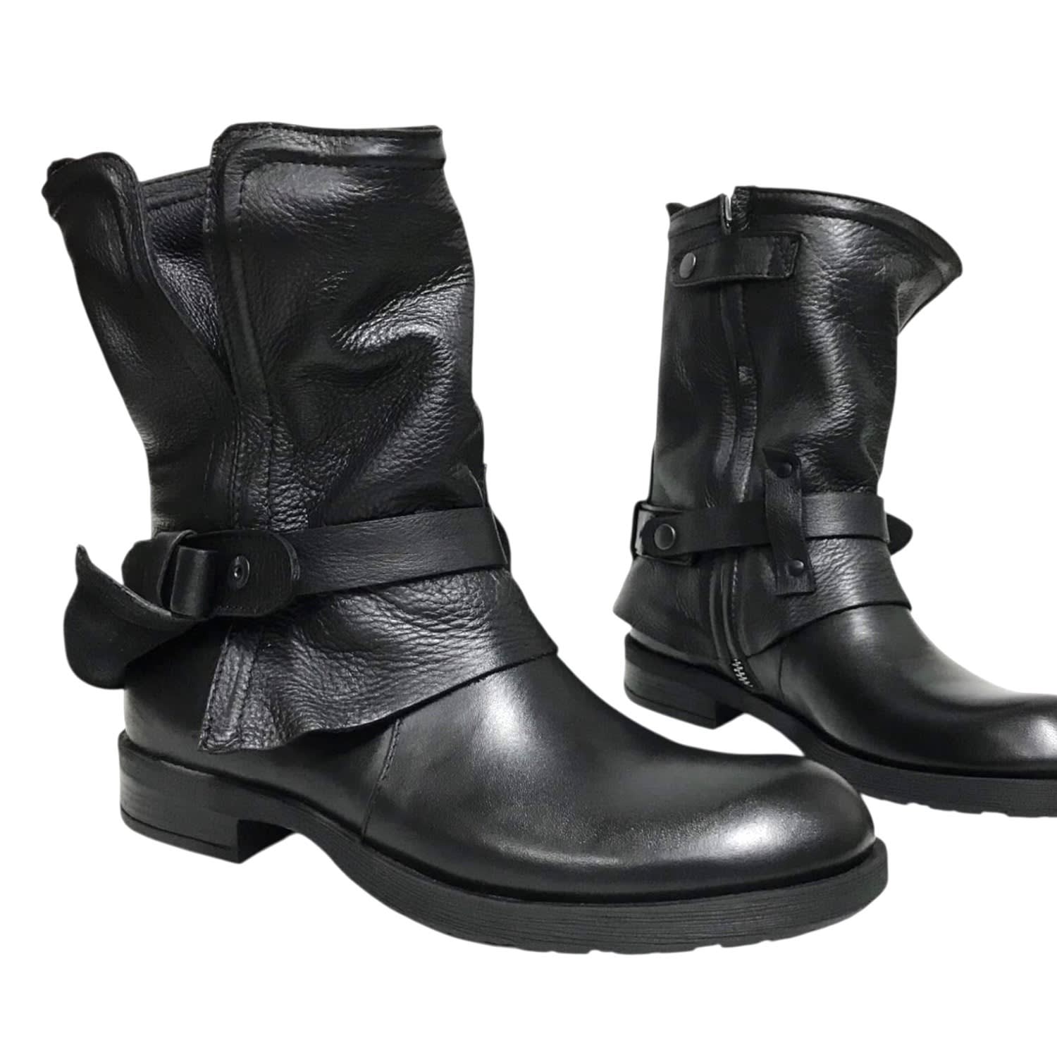 Adrenaline Fashion Women's Black Leather Ankle Boots With Straps And Zipper Handmade Designer Footwear In Black