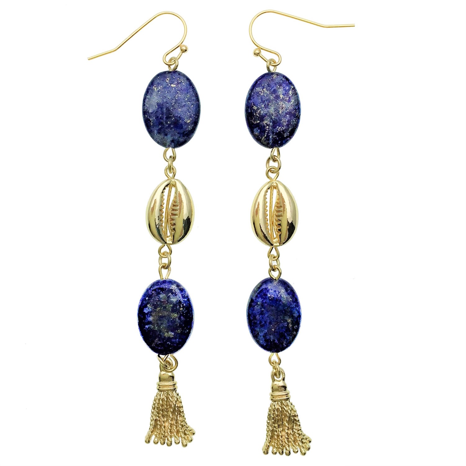 Farra Women's Blue Oval Lapis With Shell Charm Elongated Earrings In Blue