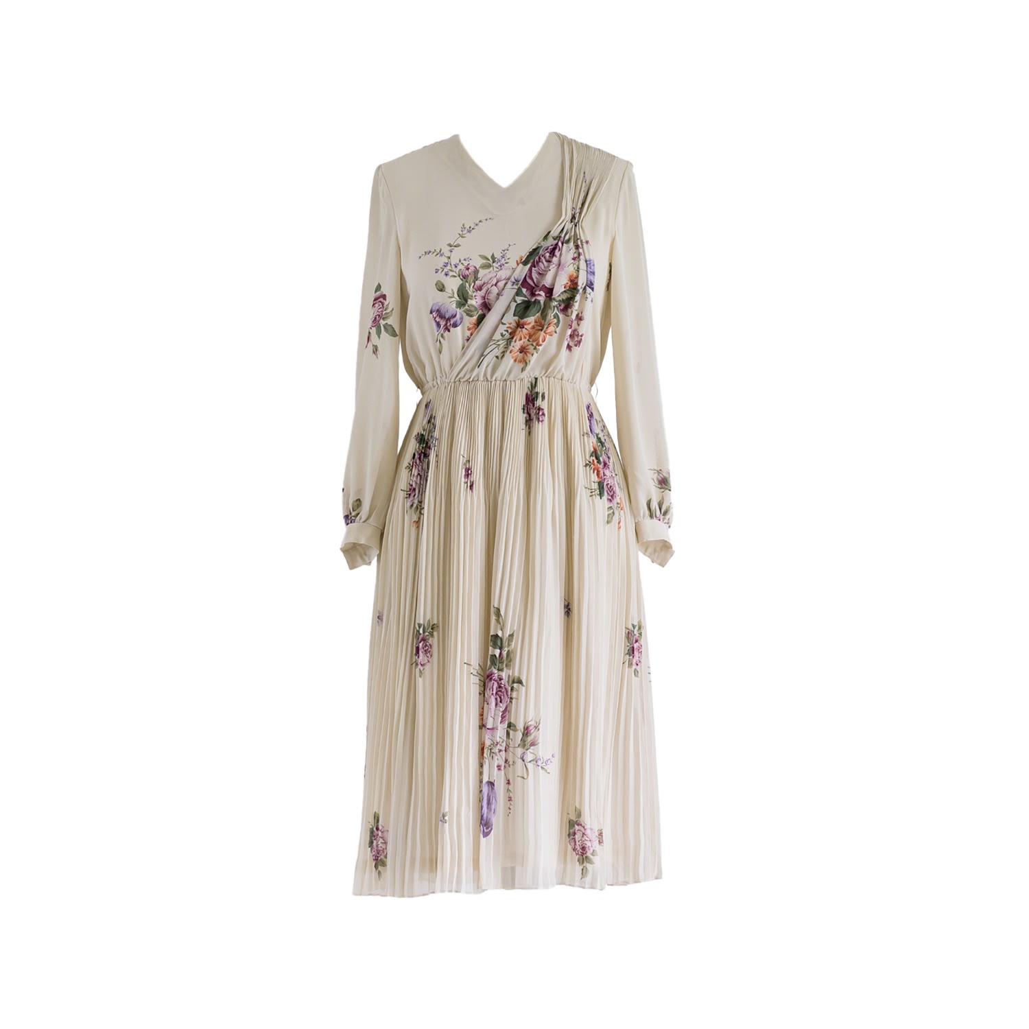 Women’s Neutrals Vintage Chiffon Cream V-Neck Floral Print Pleated Midi Dress Medium Sugar Cream Vintage