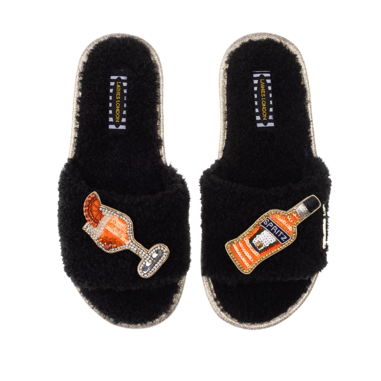 Women’s Teddy Towelling Slipper Sliders With Artisan Summer Spritz Brooches - Black Small Laines London