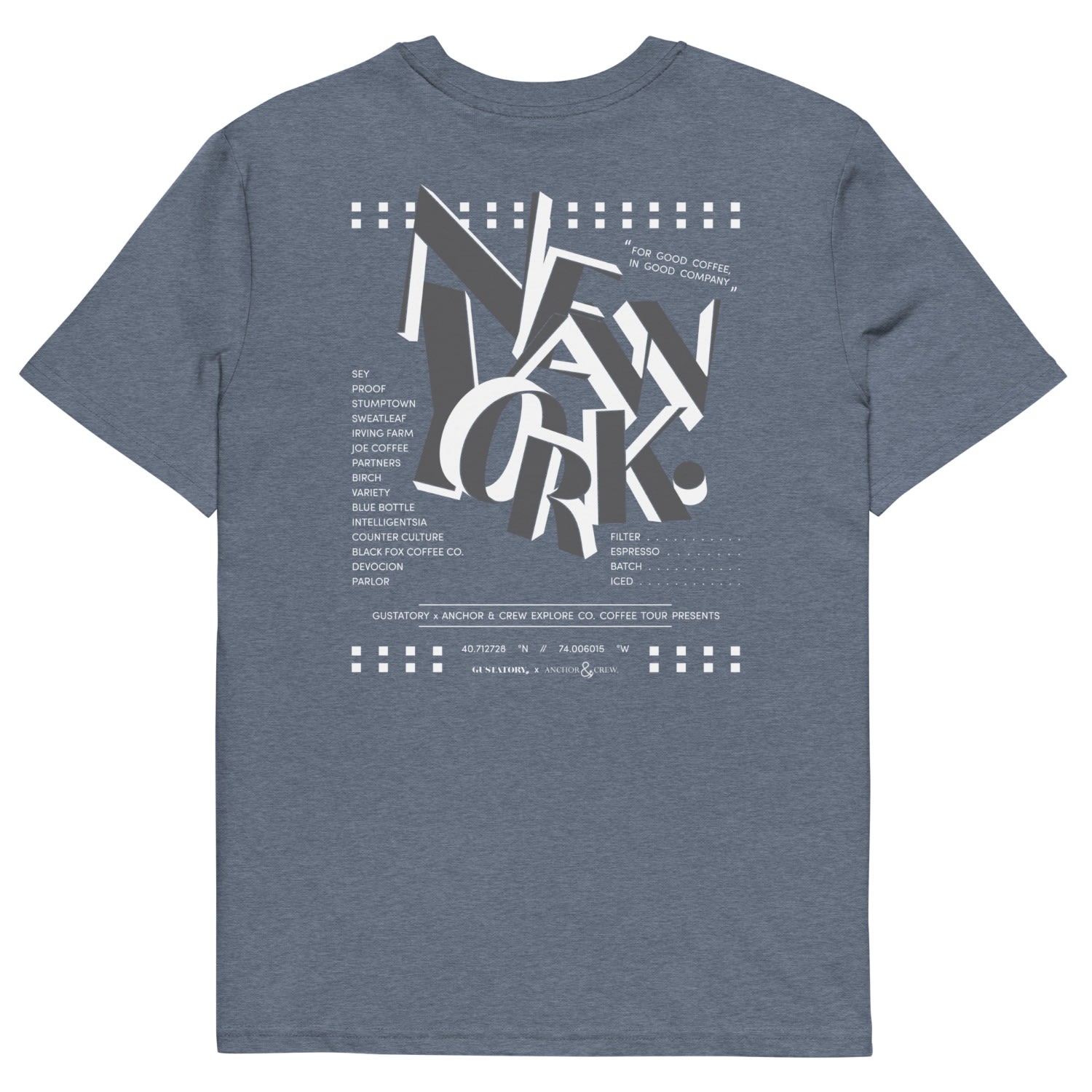 Anchor & Crew Dark Heather Blue Gustatory New York Coffee Scene Organic Cotton Embroidered T-shirt - Women In Blue