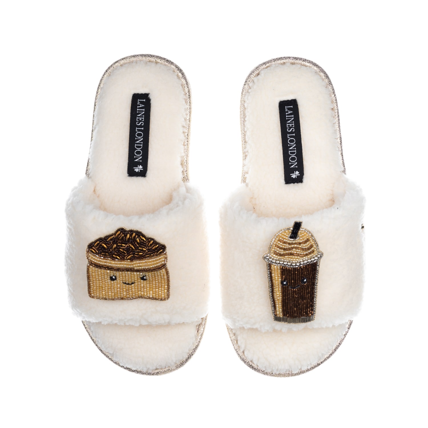Laines London Women's White Teddy Slider Slippers With Laines Loveables Coffee Beans & Frappe Brooches - Cream In White