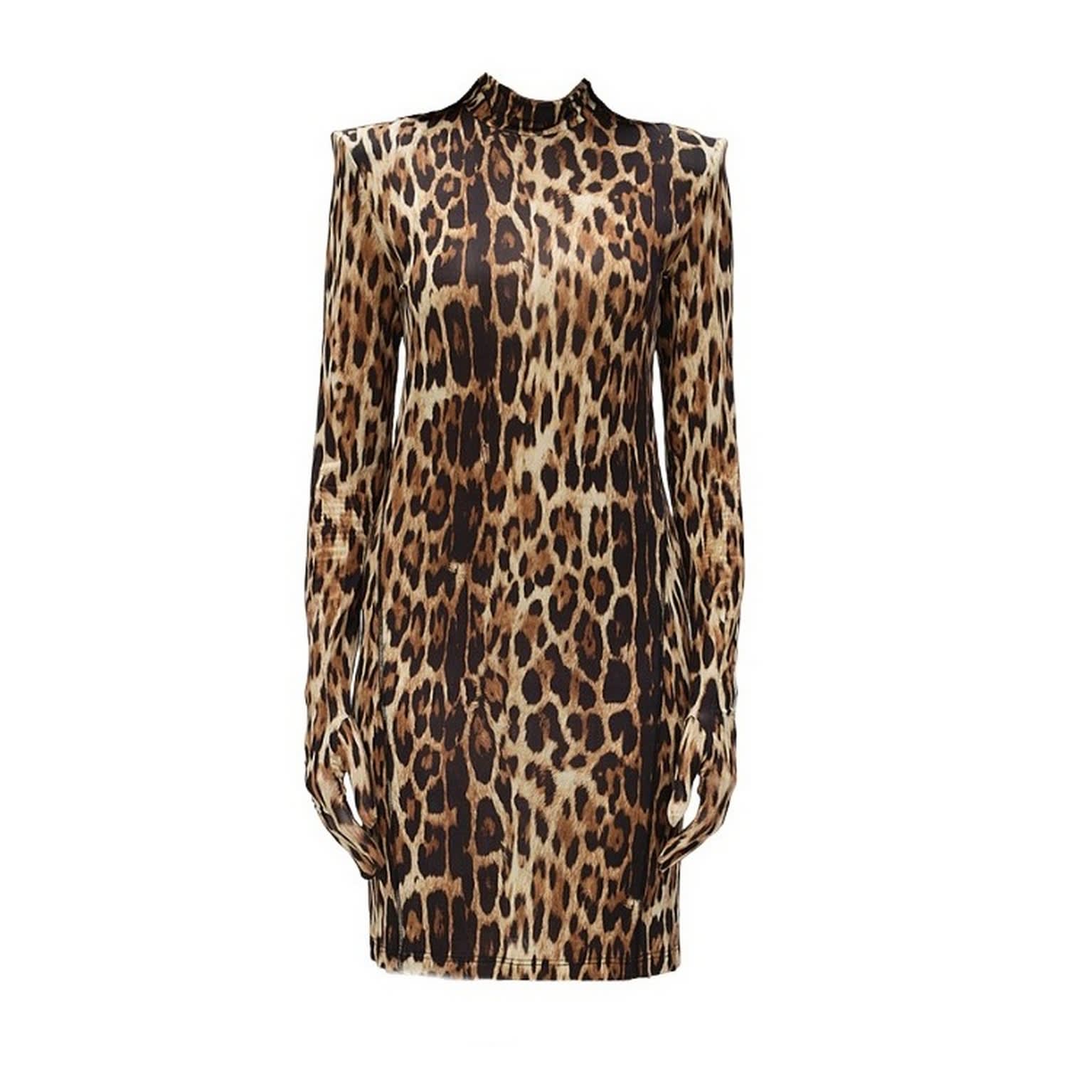 Monosuit Women's Brown Animal Long Sleeve Turtleneck Bodycon Shoulder Pad Party Futuristic Mini Dress With Gl In Brown