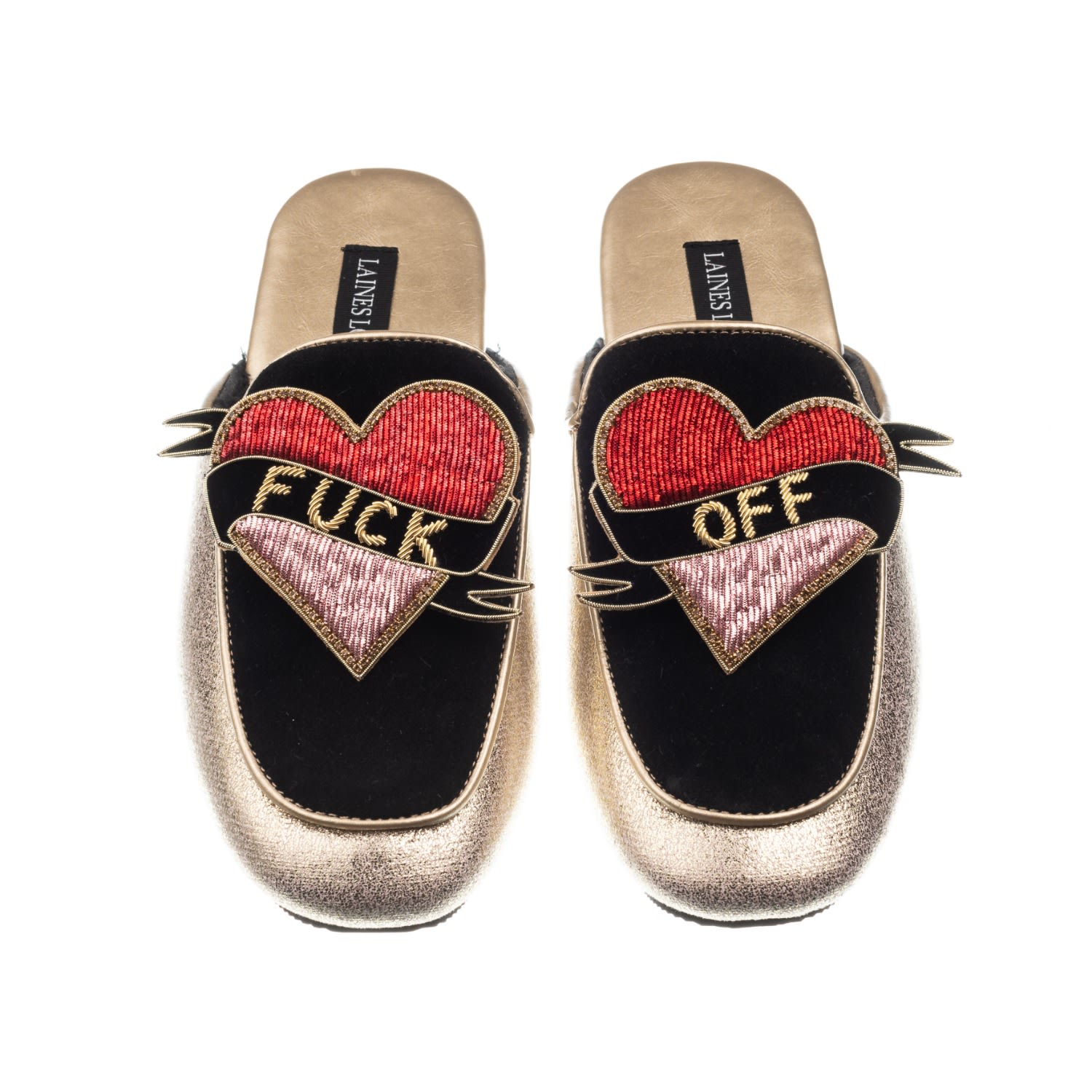 Laines London Women's Black / Gold Classic Mules With Fuck Off Brooches - Black & Gold In Black/gold