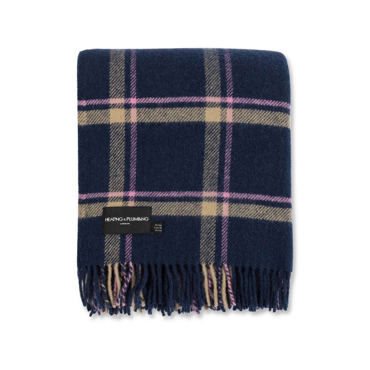 Heating & Plumbing London Blue / Pink / Purple Evening Tales - Pure New Wool Blanket - Checkmate Navy
