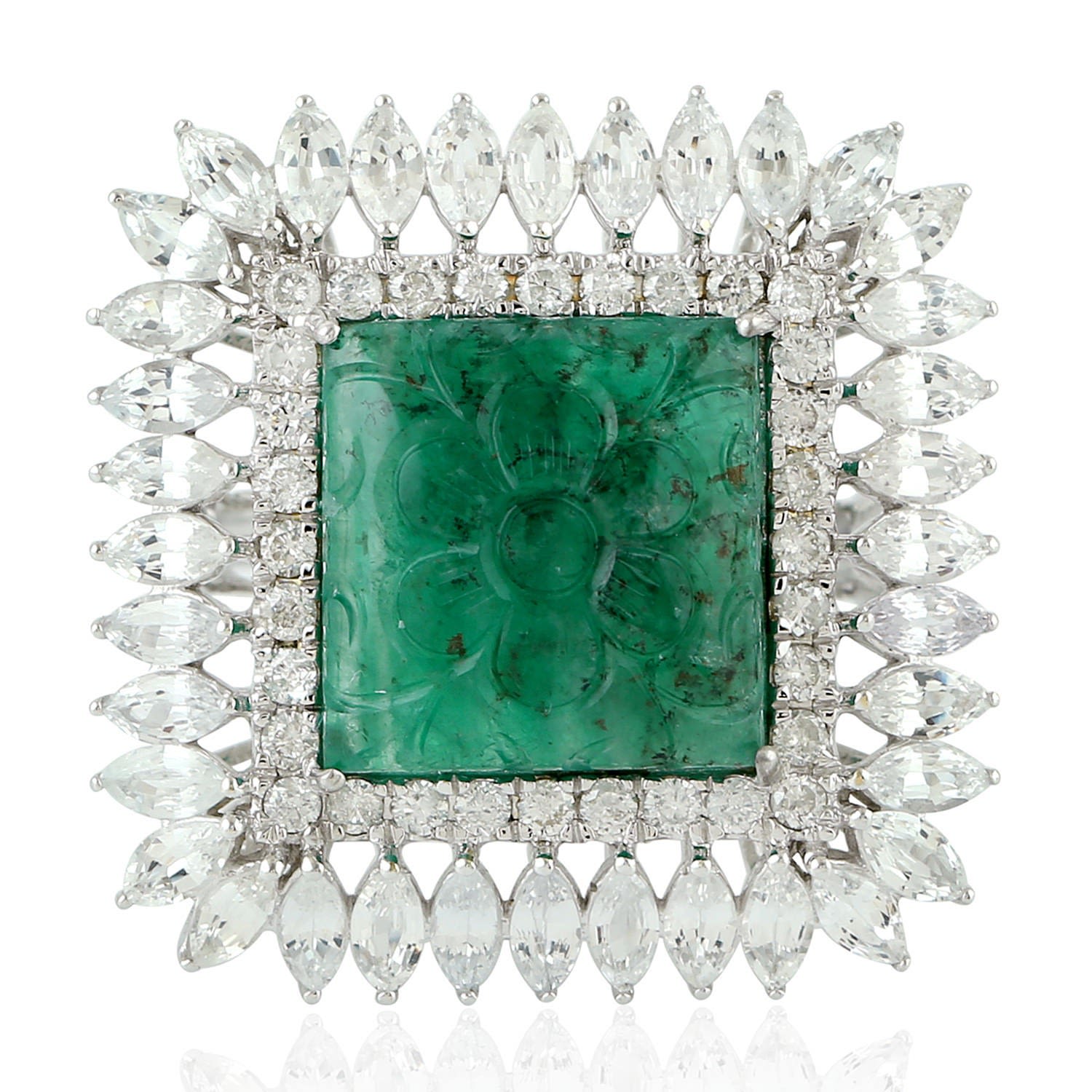 Artisan Women's White / Green 18k White Gold Pave Diamond Emerald Ring Sapphire Gemstone Jewelry In Gray