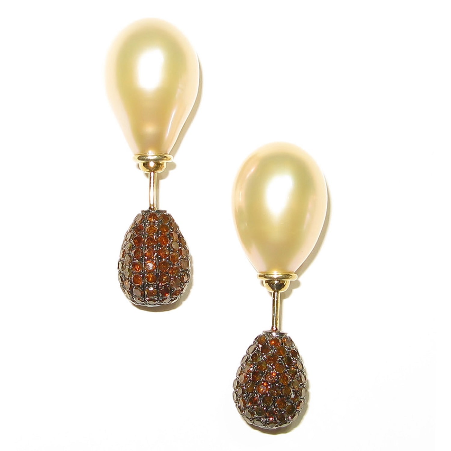 Artisan Women's White / Brown / Gold Fresh Water Pearl & Colored Diamond Tunnel Earrings In Gold