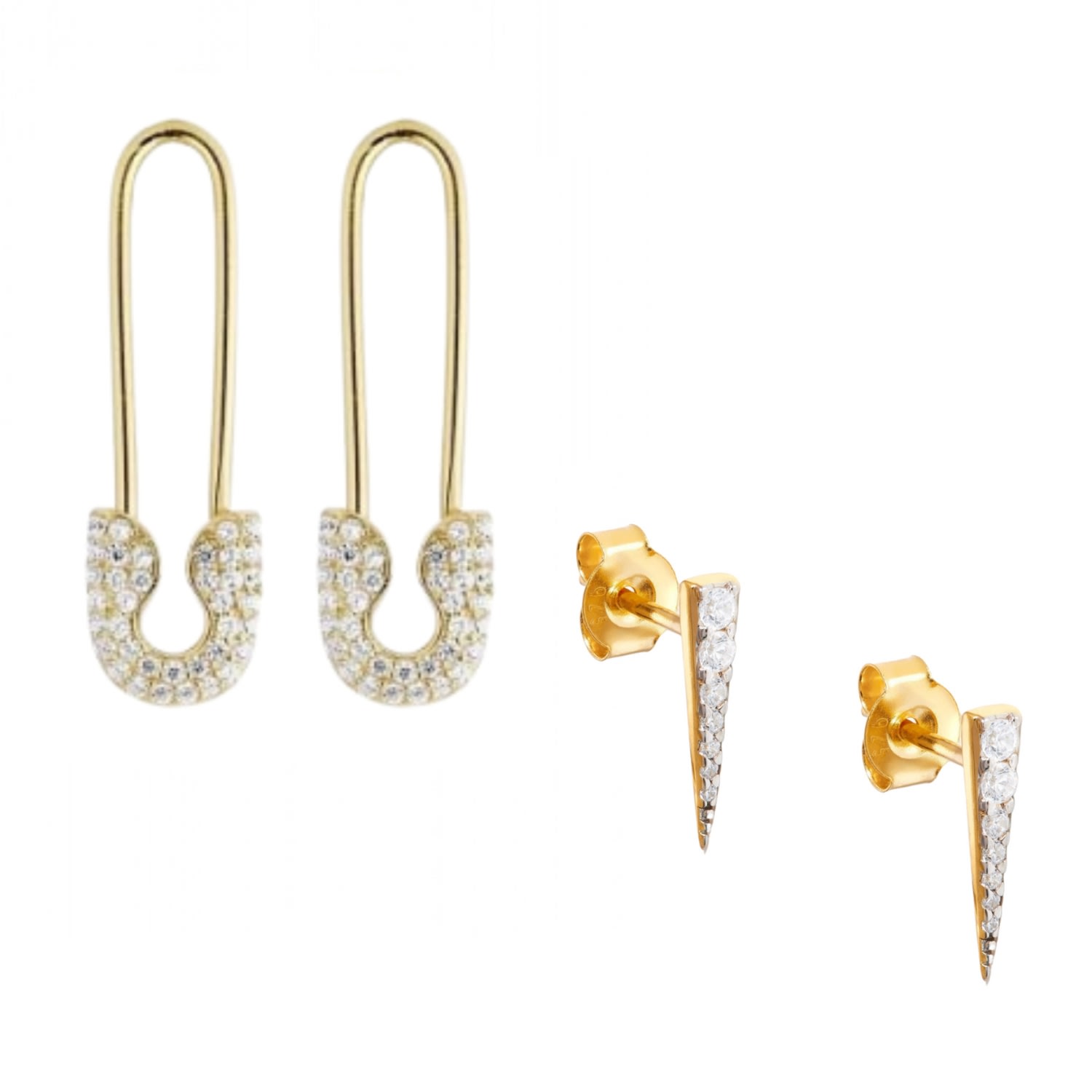 Spero London Women's Long Pave Dagger Stud & Pave Safety Pin Earring Set - Gold In Gold