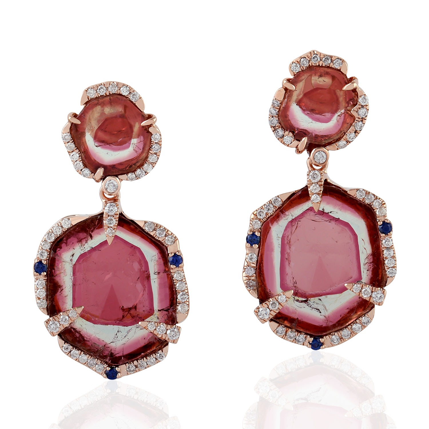 Women’s White / Rose Gold 18K Rose Gold Pave Diamond Melon Tourmaline Sapphire Dangle Earrings Handmade Jewelry Artisan