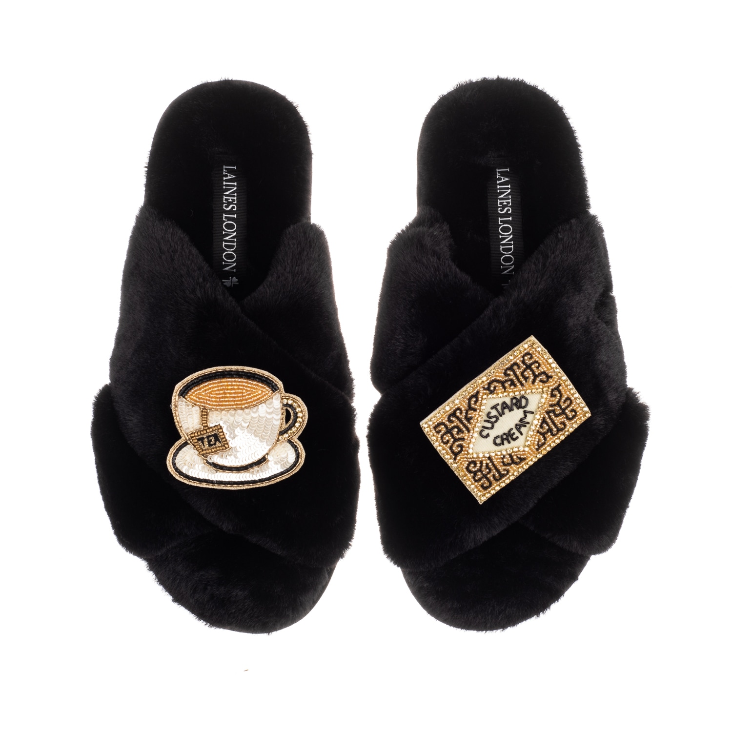 Women’s Classic Laines Slippers With Tea & Biscuit Brooches - Black Small Laines London