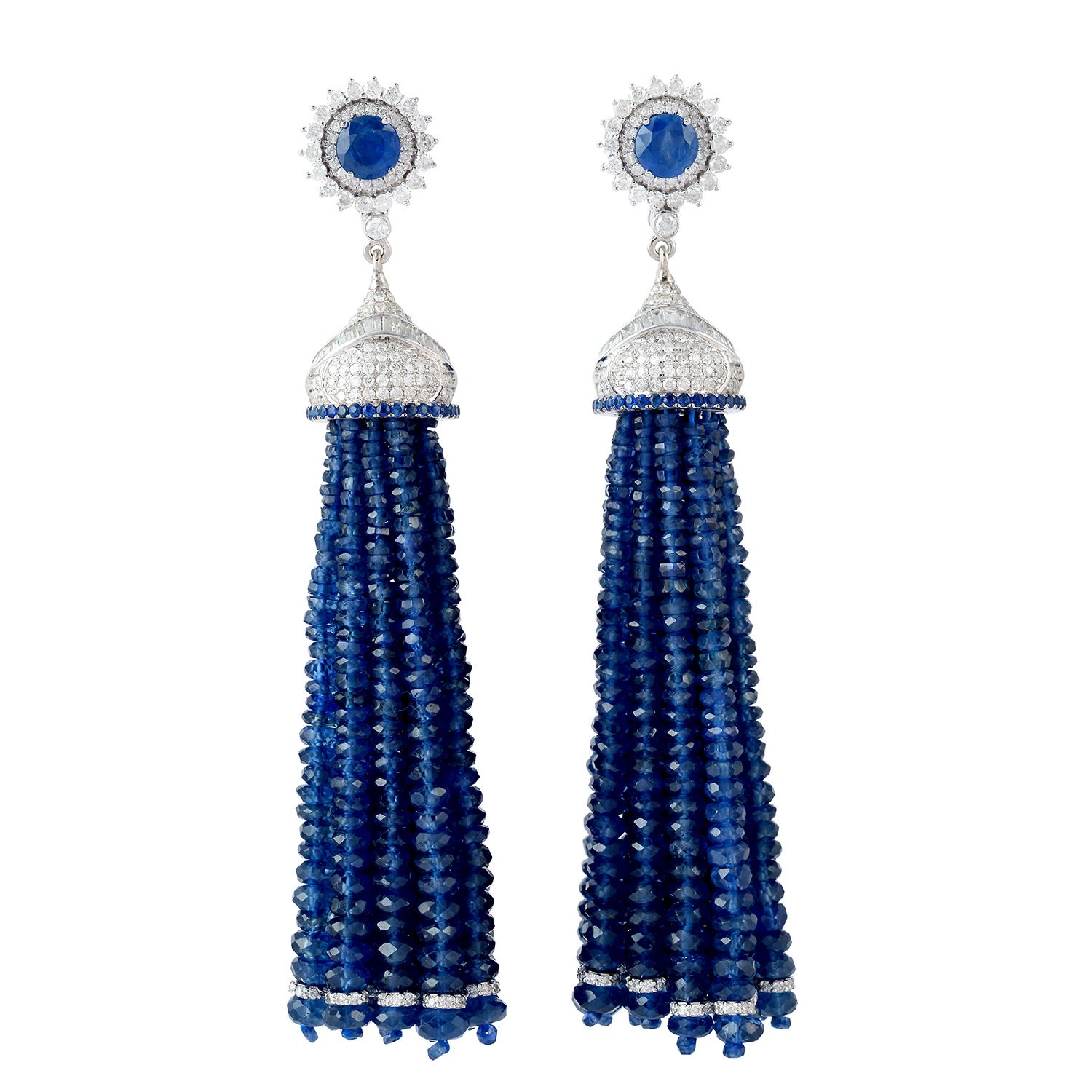 Women’s White / Blue White Gold Blue Sapphire Diamond Tassel Handmade Earrings Artisan