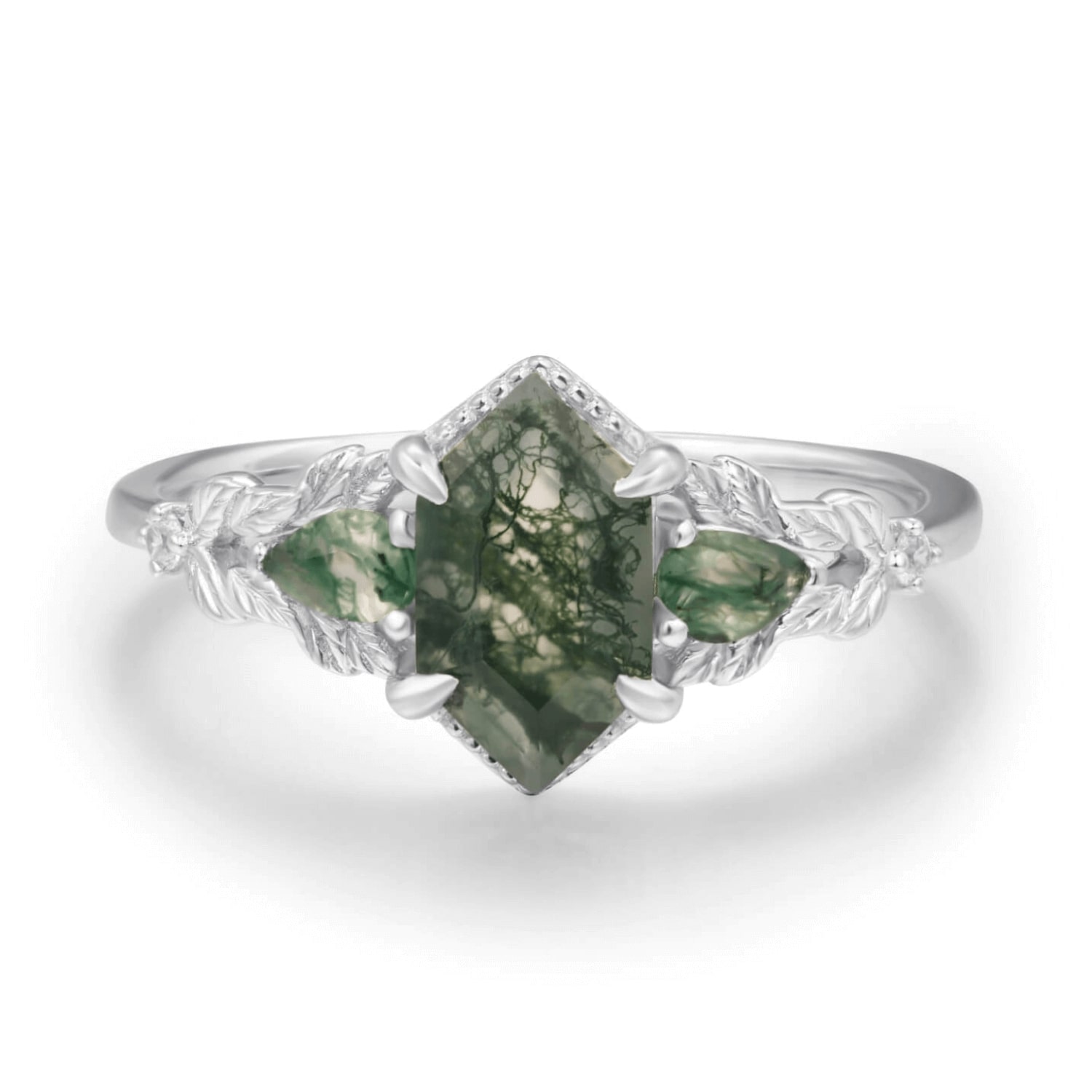 Azura Jewelry New York Women's Silver Gardenia Moss Agate Ring Solid White Gold