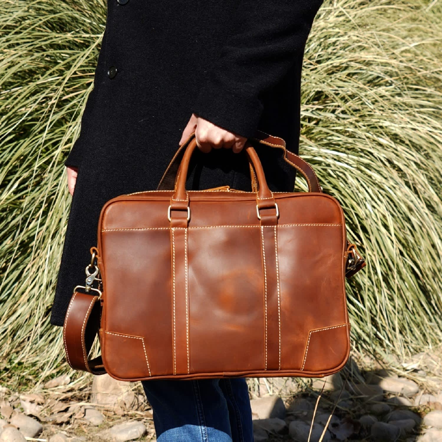 Minimalist Leather Briefcase Laptop Bag Light Brown Touri Wolf Badger
