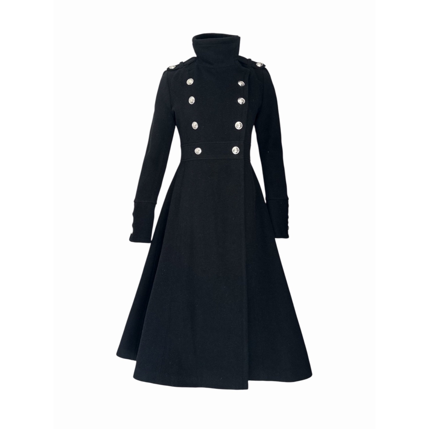 Adrenaline Fashion Long Black Wool Coat Elegant Military Style Winter Overcoat Double Breasted High Neck Warm Outerwear In Black